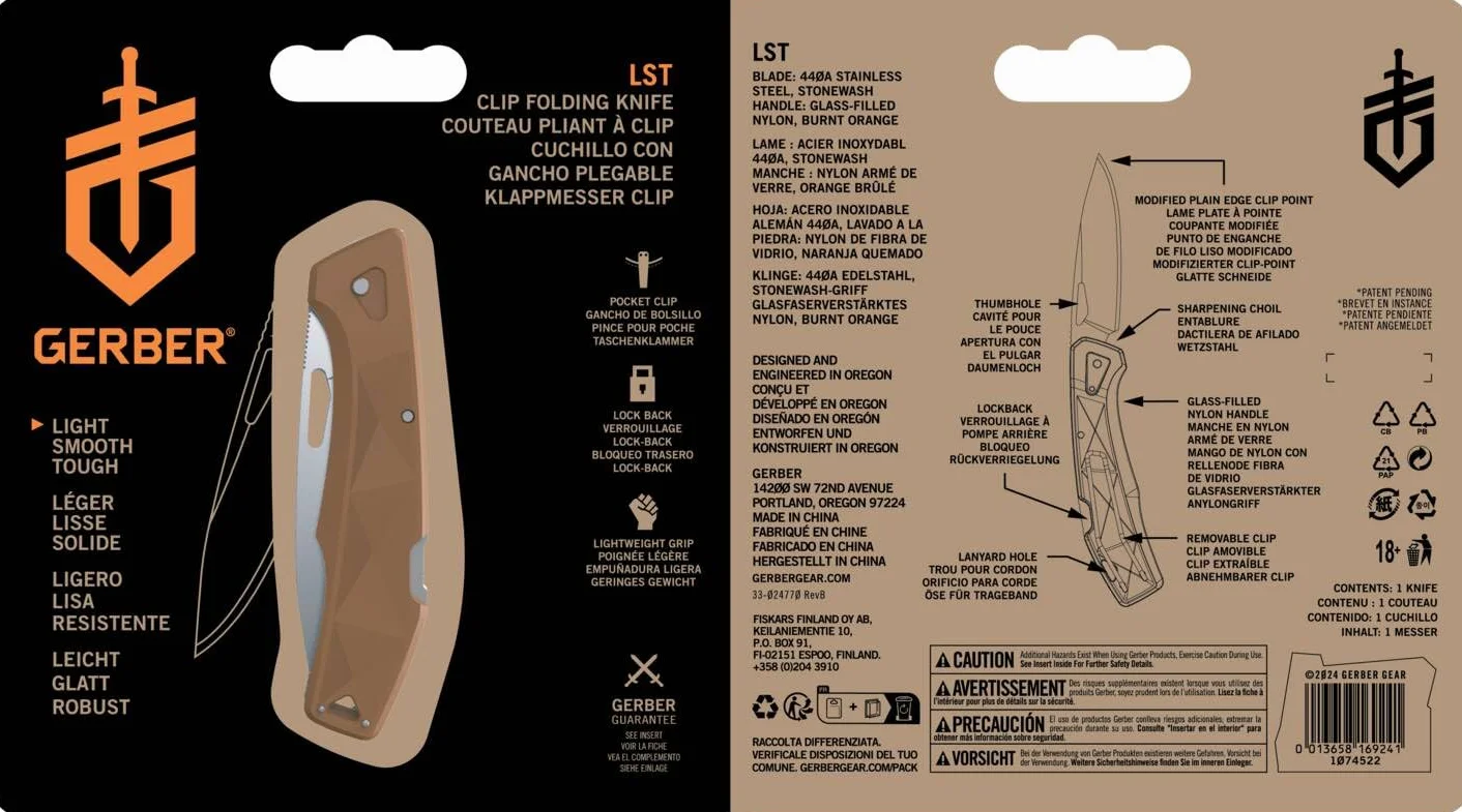 Gerber Navaja con clip para cinturón, LST, hoja de acero inoxidable 440A Clip Poin, escamas del mango de nylon reforzado con fibra de vidrio, longitud de la hoja: 6,6 cm, naranja, 1074522