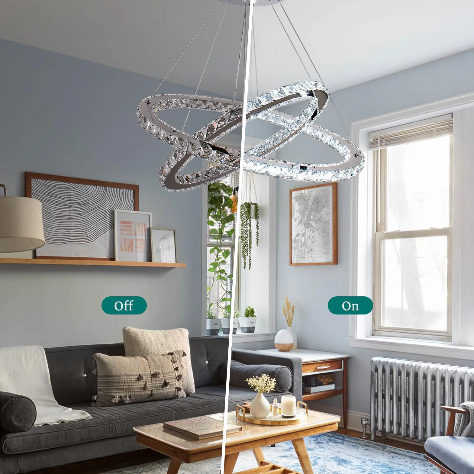 Finktonglan Candeliers de cristal, óvalo 2 anillos Chandelier moderna con control remoto, lámpara lineal LED LIGHTLIER PIELTA LUZ para comedor de cocina dormitorio de sala de estar dormitorio