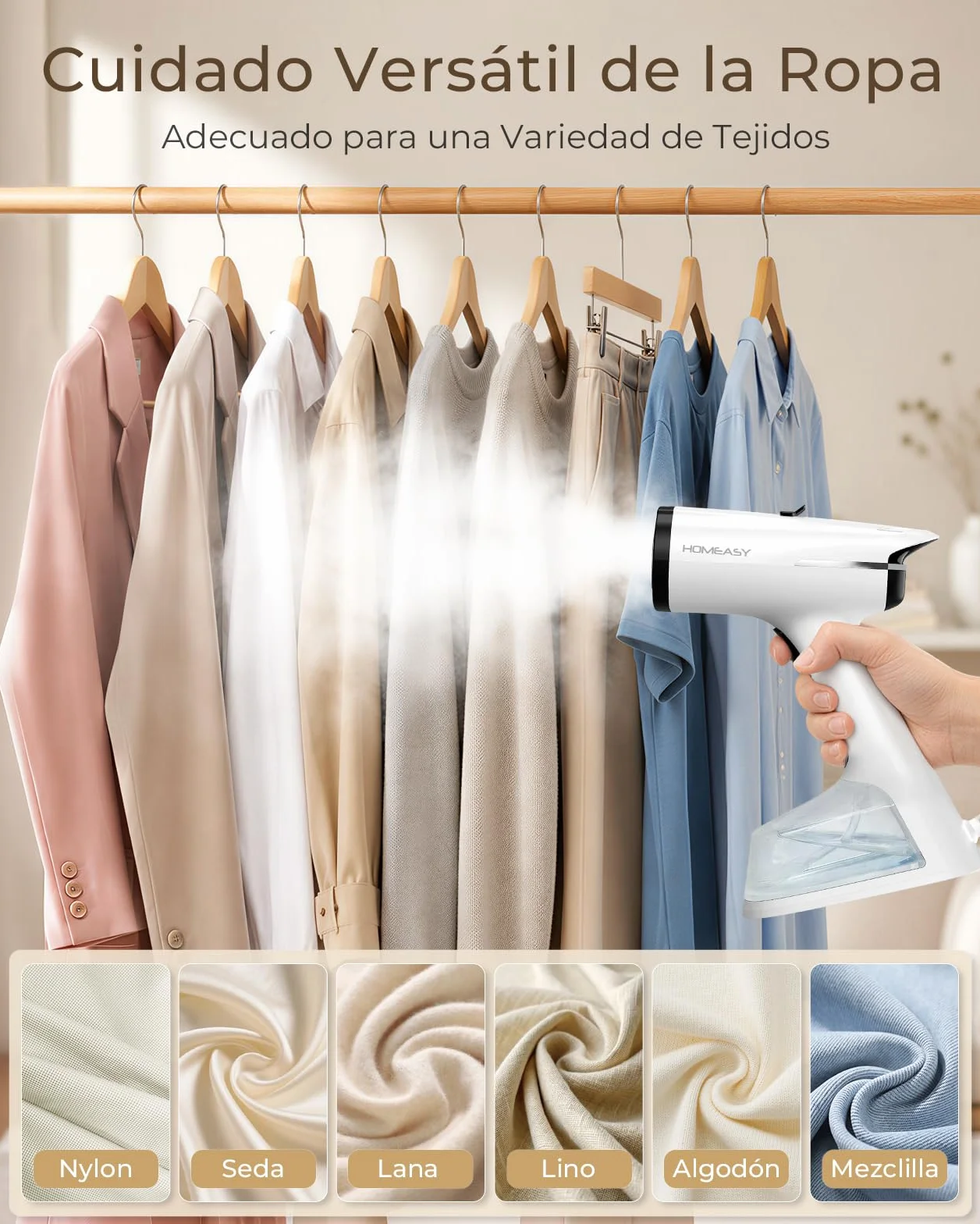 HOMEASY Plancha de Vapor Portátil con Succión 6000Pa, Calentamiento en 25 Segundos, Depósito de 270ml, 2 Niveles de Vapor, Planchado Vertical para Ropa, Camisas, Vestidos y Cortinas