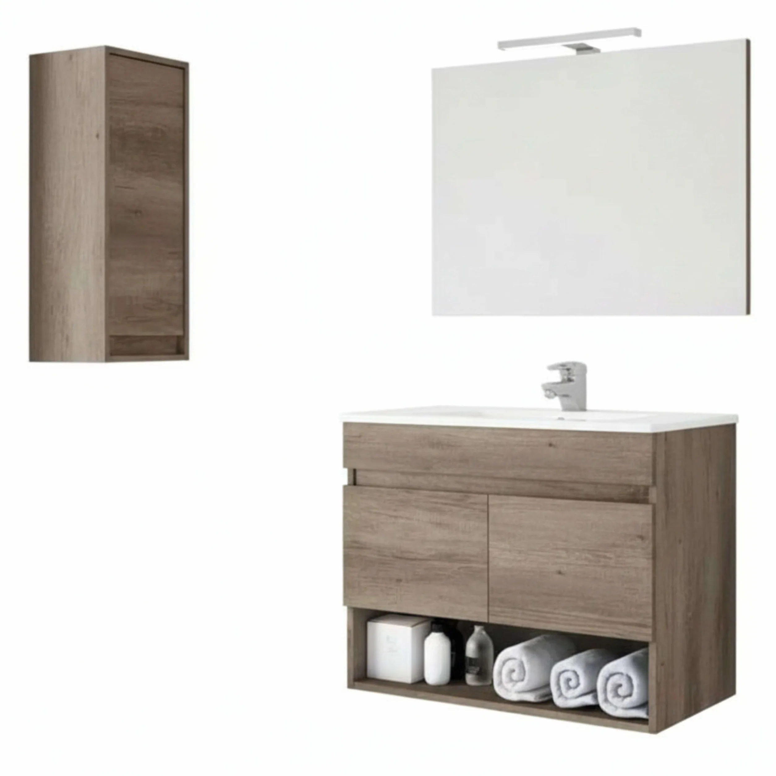 Pack de Muebles de Baño en Color Roble Nordik formado por Mueble de Baño, Espejo y Lavabo Cerámico (Tamaño de la Columna Opcional)