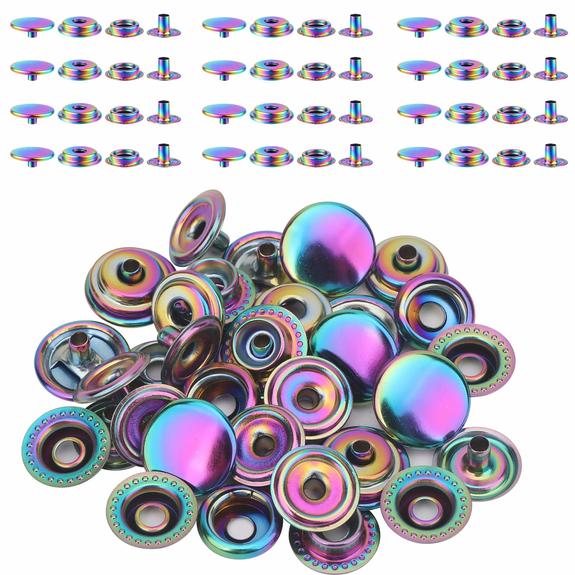 WedDecor Botones de presión grandes de 15 mm de latón resistente de cuatro piezas para manualidades en cuero, cubierta de barco, reparación, reemplazo, ropa, arco iris, 100 juegos