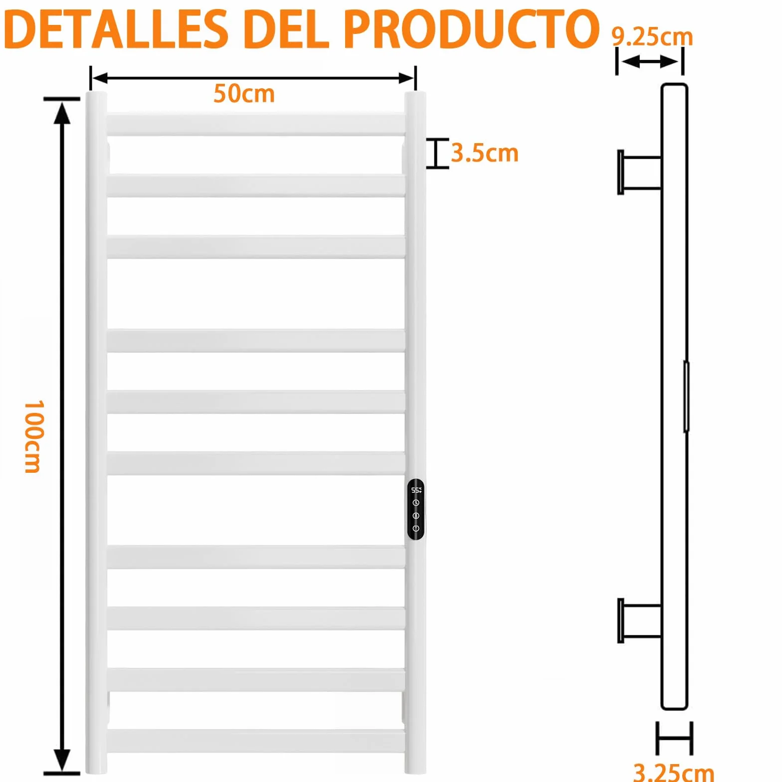 Radiador Toallero Eléctrico Baño, 285 W Radiador Calienta Toallas de Toallero, Toallero Calentado Temperatura Ajustable 30–70 °C, Temporizador 1-9 H y Pantalla táctil LED, IPX4, 50x100cm, Blanco