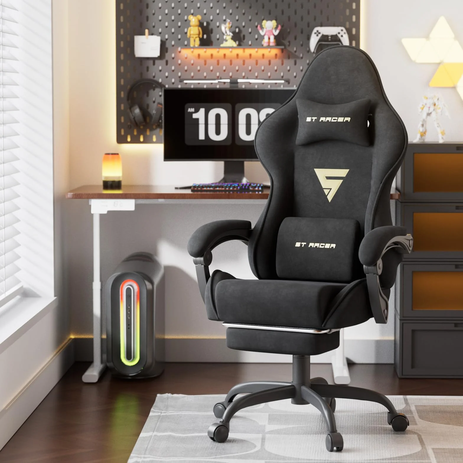 Ferghana Silla Gaming Silla Gaming con Masajeador, Silla Ergonómica de Terciopelo para Juegos, Silla Gamer con Lumbar, Reposapiés, Silla de Oficina, Capacidad de Peso de 250 Libras, Negro