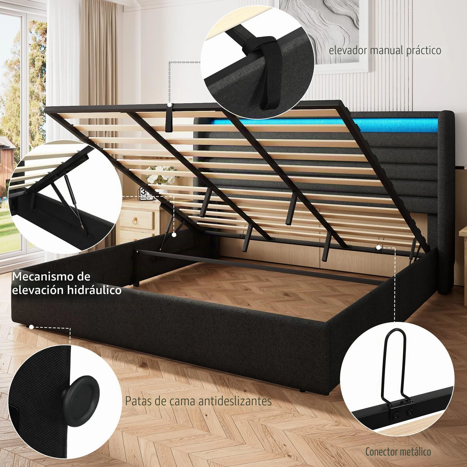 FEONASE Cama 160x200 cm con Almacenamiento, Tapizada, LED y Carga, Cabecero Hidráulico de Lino