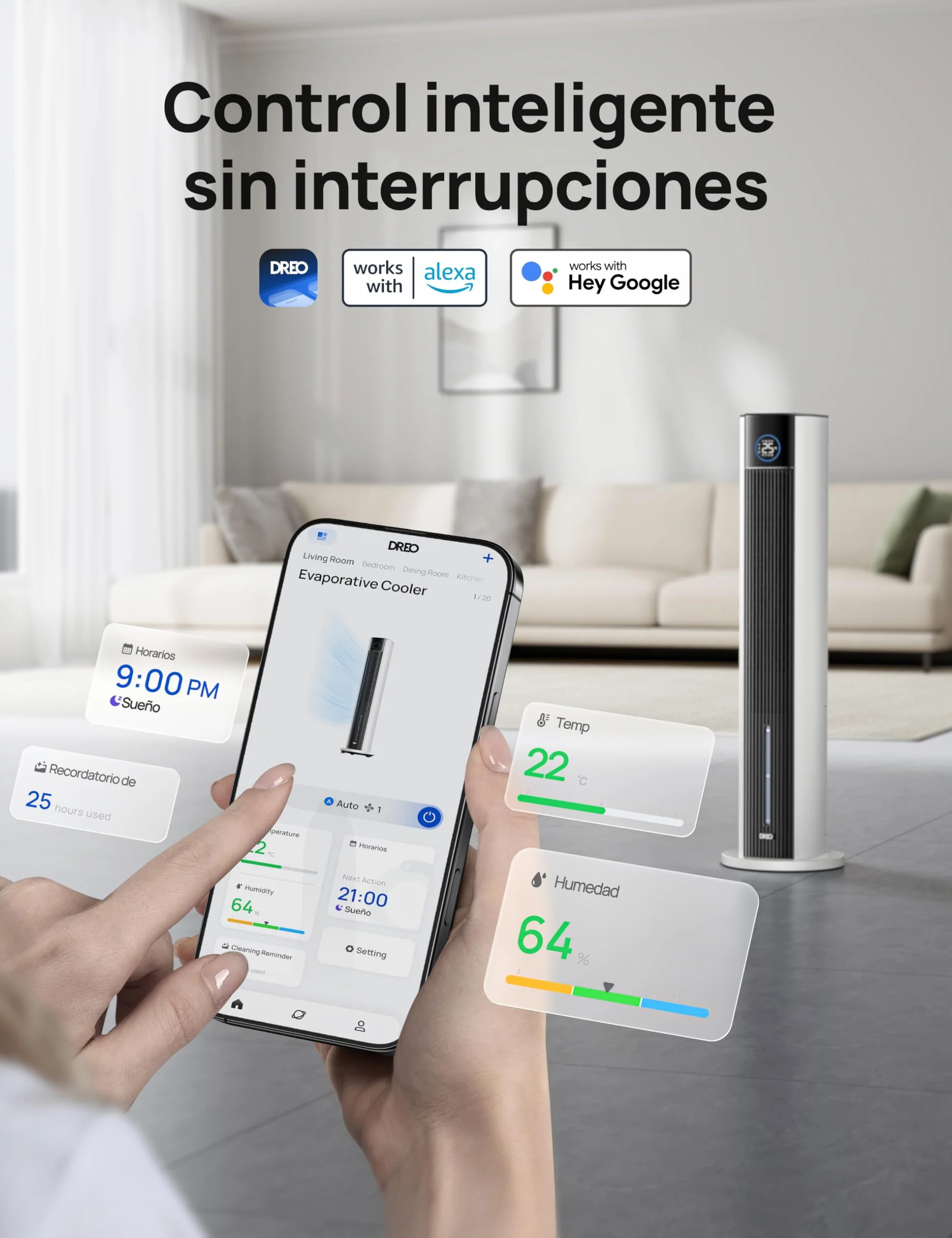 DREO Ventilador de Torre con enfriamiento por agua, enfriador 110 cm, silencioso, 4 velocidades, 4 modos, evaporativo, control app, paquete de hielo, oscilación 80°, temporizador 12 h, blanco