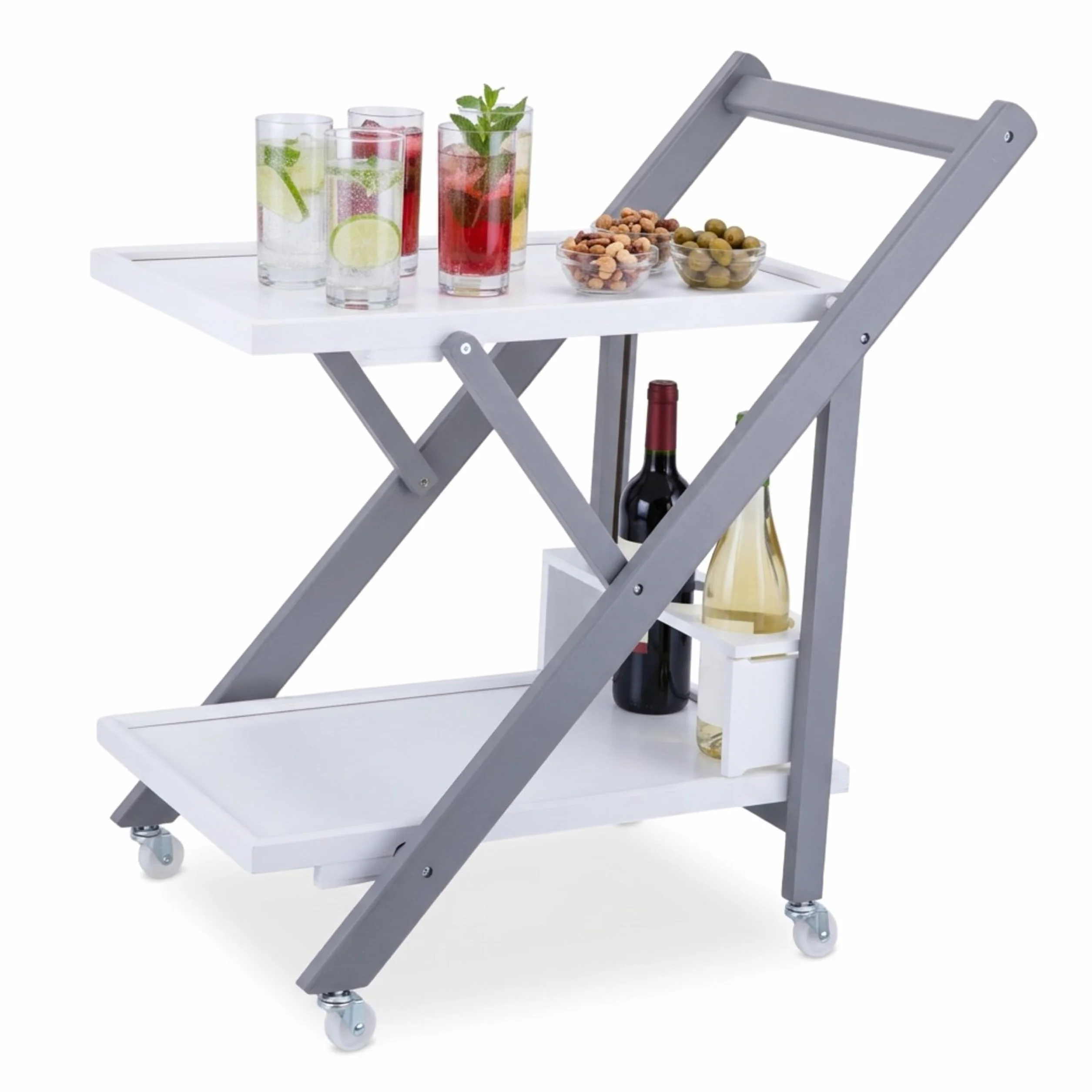 Relaxdays Carro de Servicio bambú, 2 Niveles, portabotellas (3), Ruedas y asa, 70 x 44 x 39,5 cm, Blanco-Gris
