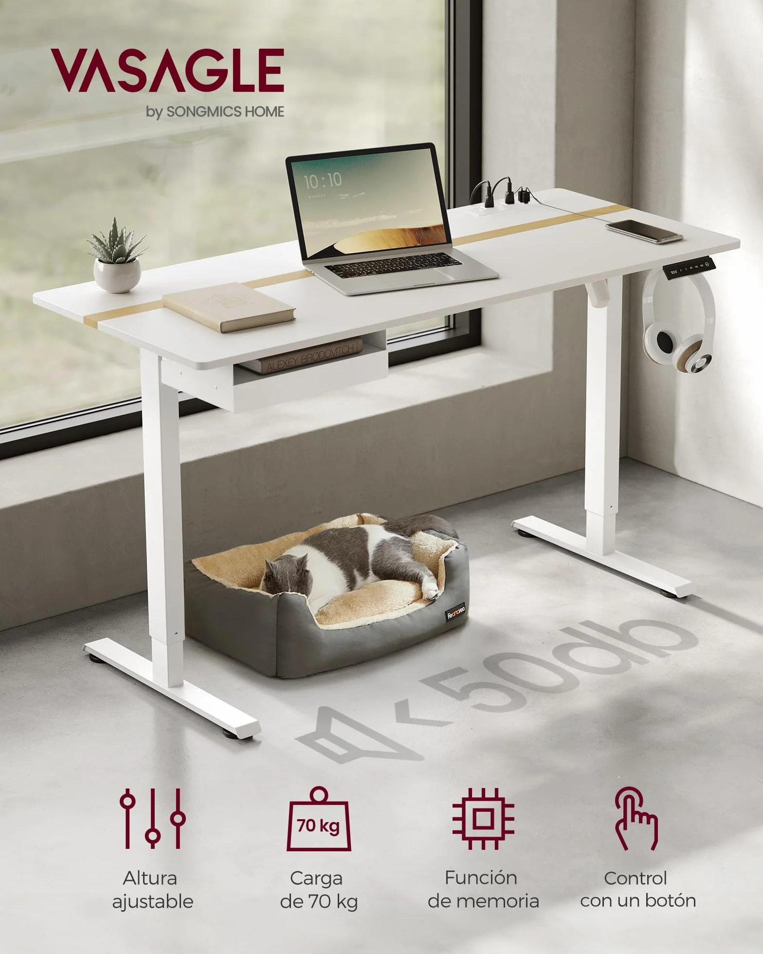 VASAGLE Escritorio Regulable en Altura 140x60 cm Mesa Eléctrica con Enchufe y Cajón Blanco