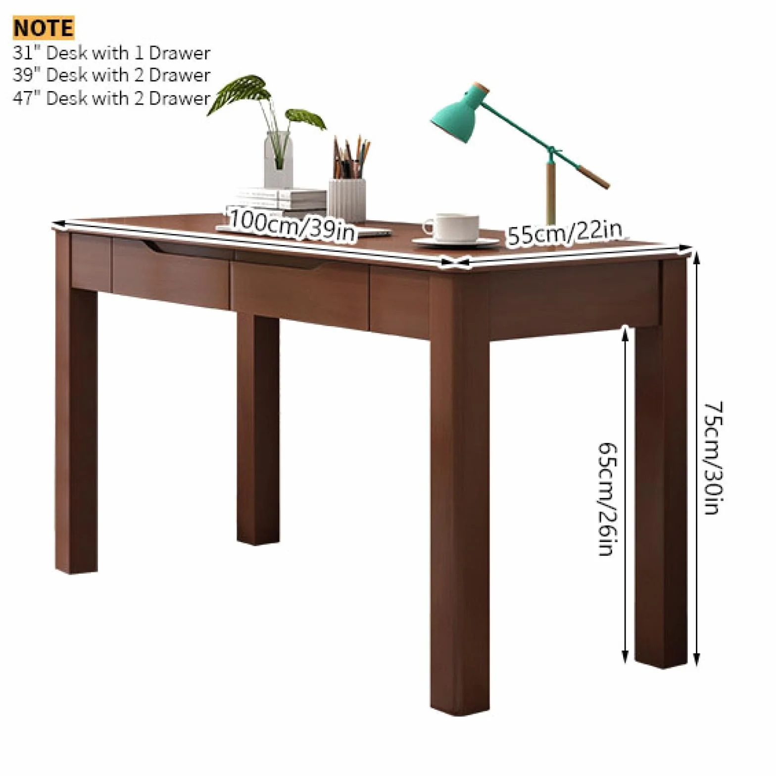Escritorio de Madera de Roble 100% Macizo: Mesa de Estudio pequeña con 2 cajones, Escritorio de Oficina en casa Sencillo y Moderno, Escritorio de computadora (39 Pulgadas, Nogal)