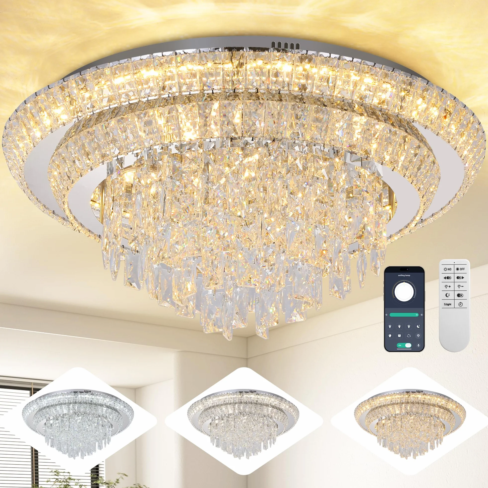 Lámpara de Techo de Cristal de 24 Pulgadas con Control Remoto, 3 Colores de Temperatura y Brillo Ajustables, Modernos candelabros de Gota de Lluvia de Cristal para Dormitorio, Pasillo, Comedor