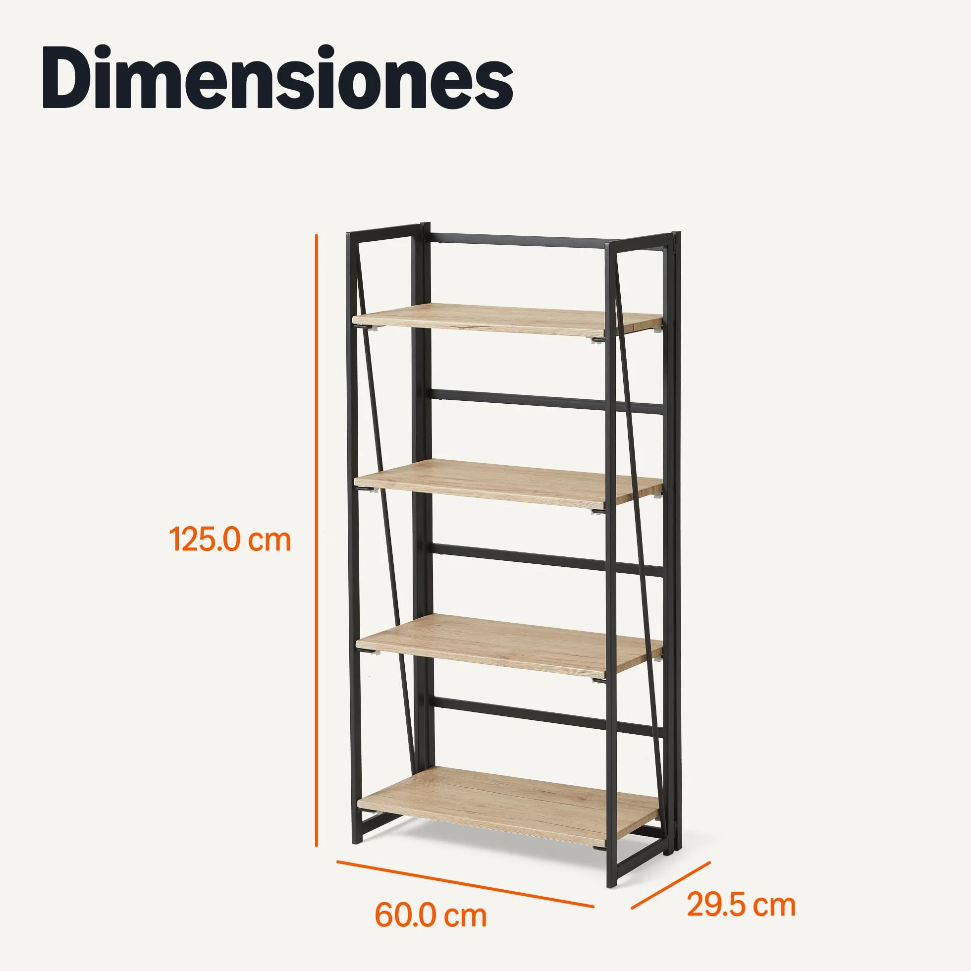 Amazon Basics Librería Plegable, Estructura de Metal, 4 Estantes de Madera, Sala de Estar, Dormitorio, Oficina en Casa, Fácil Montaje, Roble, 29,5cm x 60cm x 125cm