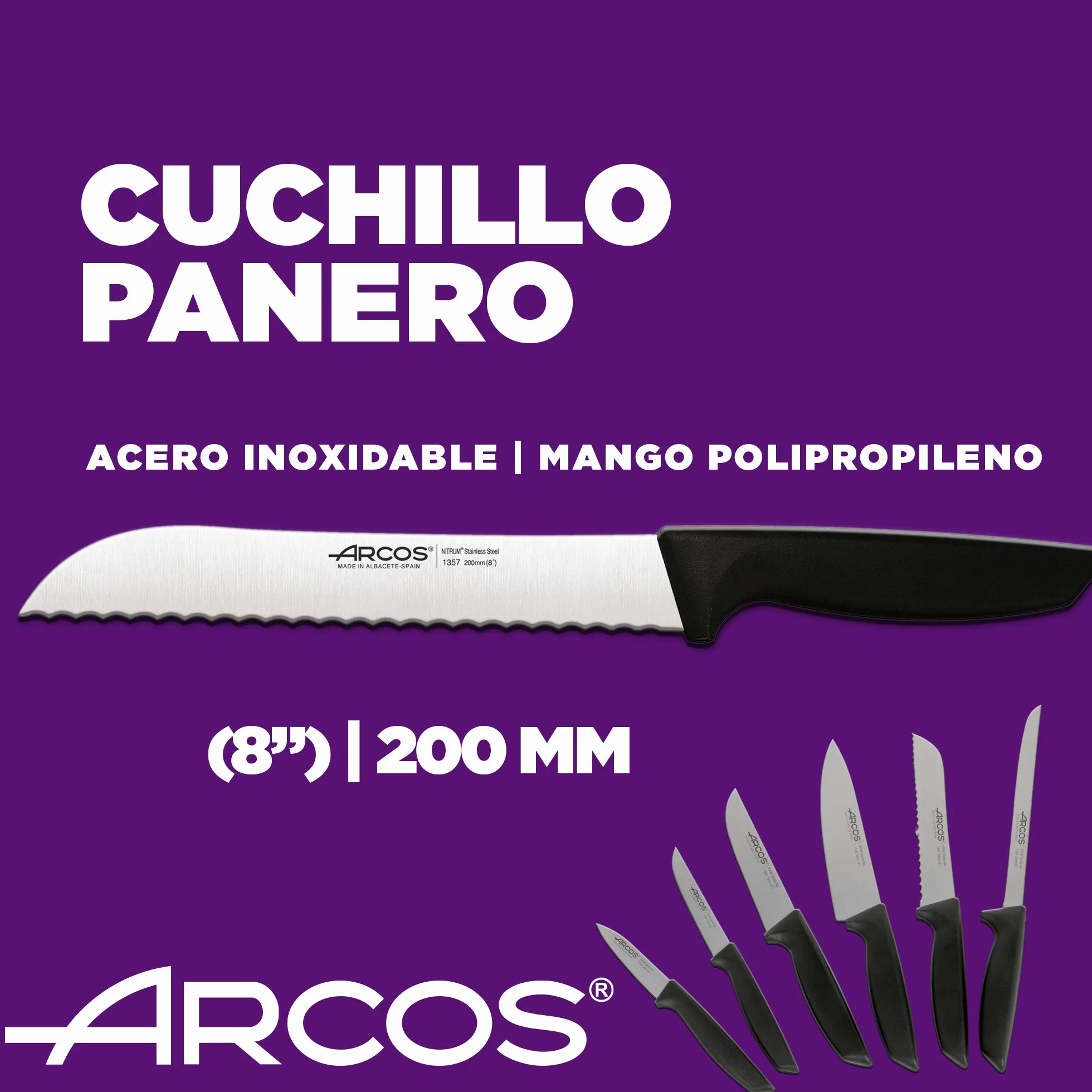 Arcos Juego Cuchillos Cocina Profesional 6 pzas Acero Inoxidable Mango Negro Serie Niza