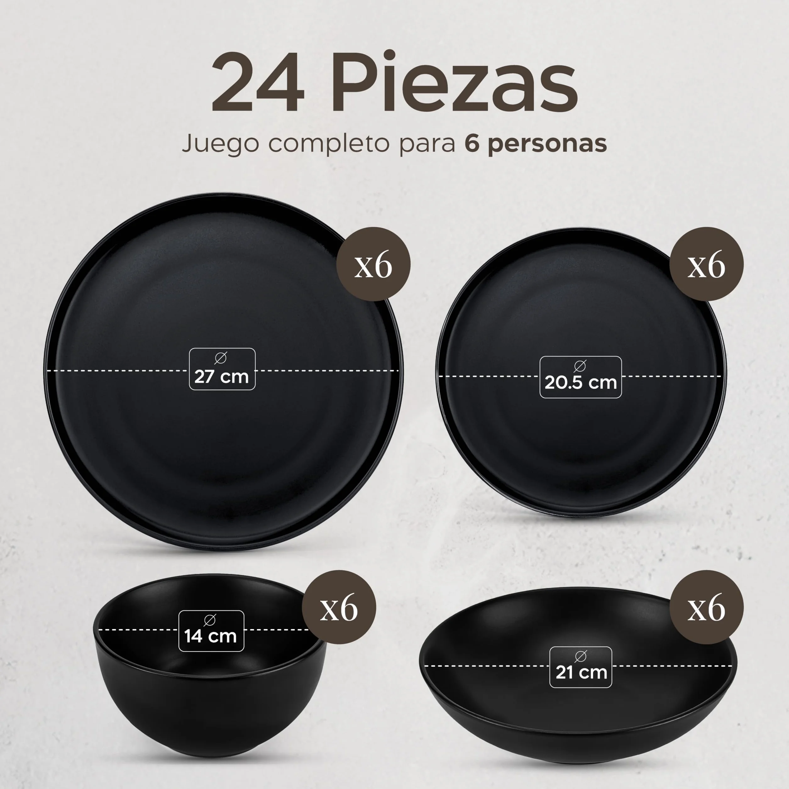 Twinzee Vajillas Completas 6 Personas, 24 Piezas - Aptos para Microondas - Vajilla Negra Mate - Set de Platos Elegante y Funcional - Colección Ebony