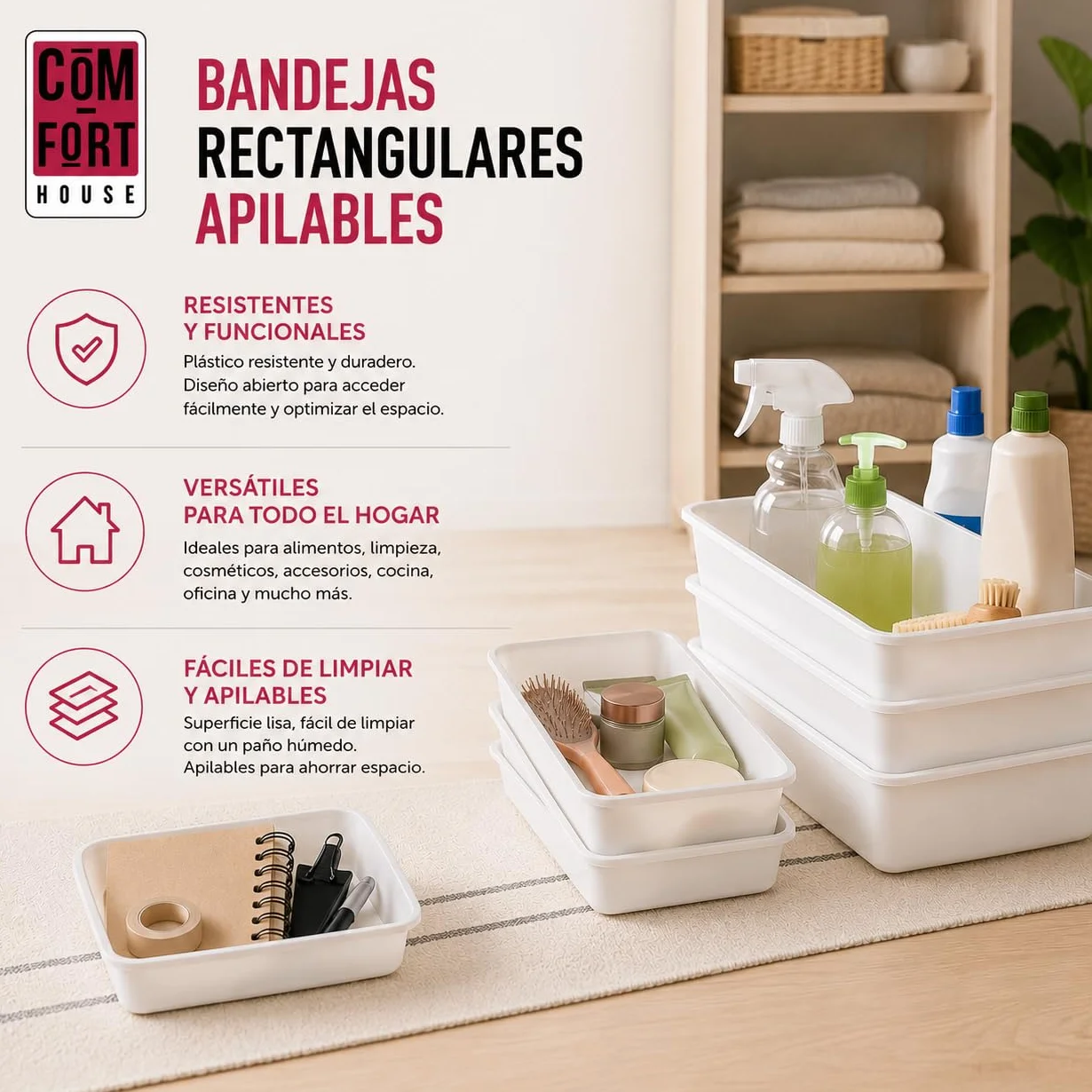 COM-FORT HOUSE Bandejas de Plástico Rectangulares Blanco, Pack 3, 34,5x23x7 cm, Organizador Multiusos para Cocina, Nevera, Baño y Almacenaje