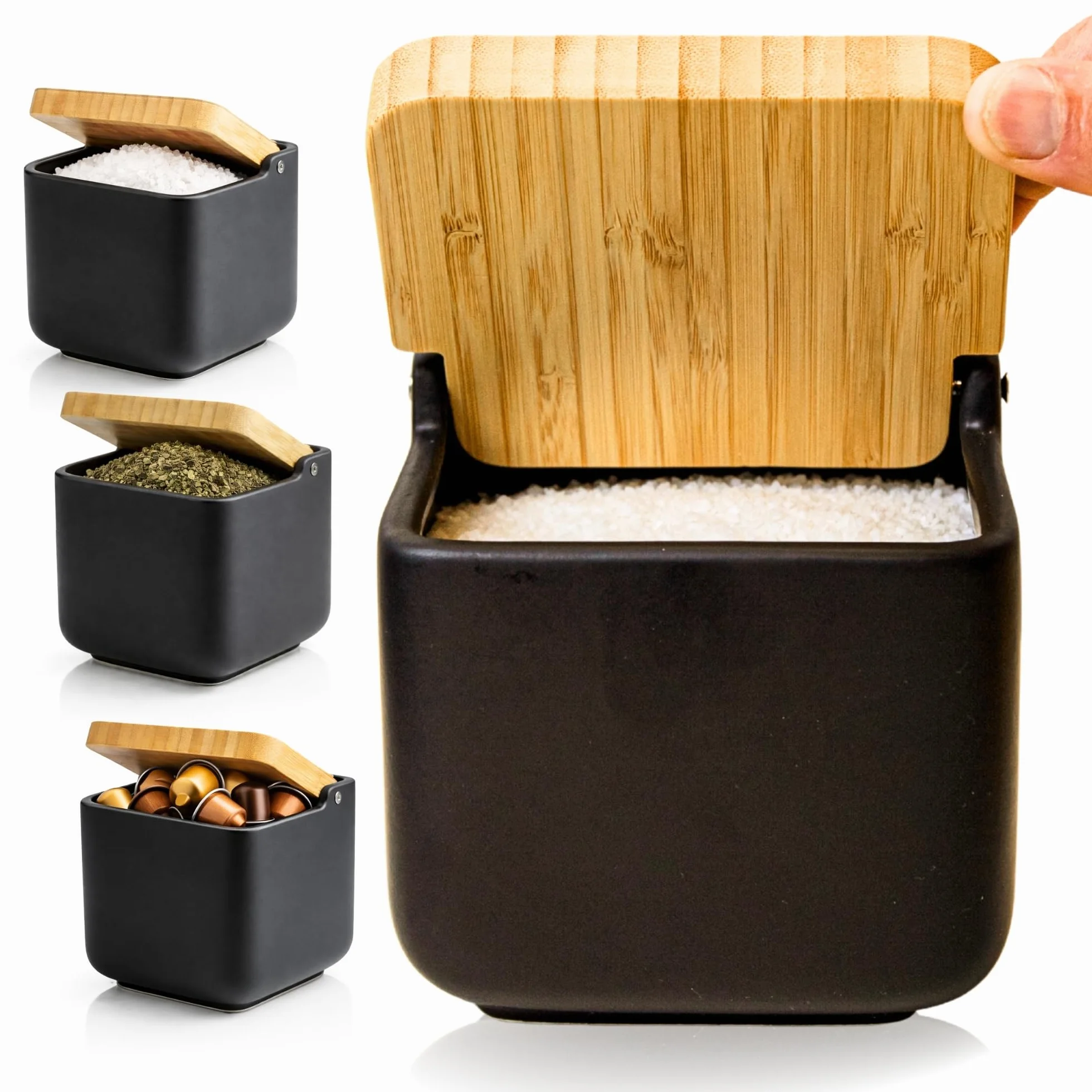 Salero de cocina con tapa de madera de bambú basculante negro cerámica mate 11.5 x 11.5 x 11.5 cm