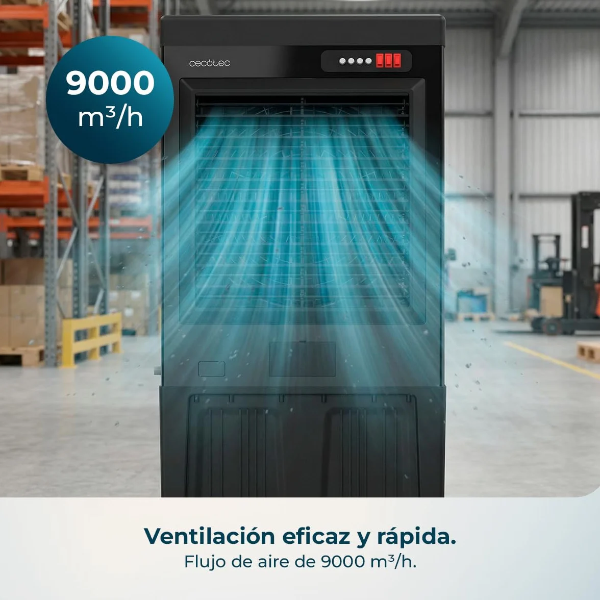 Cecotec Climatizador Evaporativo Industrial AirIndustry 110000. 350W, Depósito de 110 litros, Caudal de 9000 m3/h, 3 Velocidades Ajustables, Oscilación, Ruedas Multidireccionales