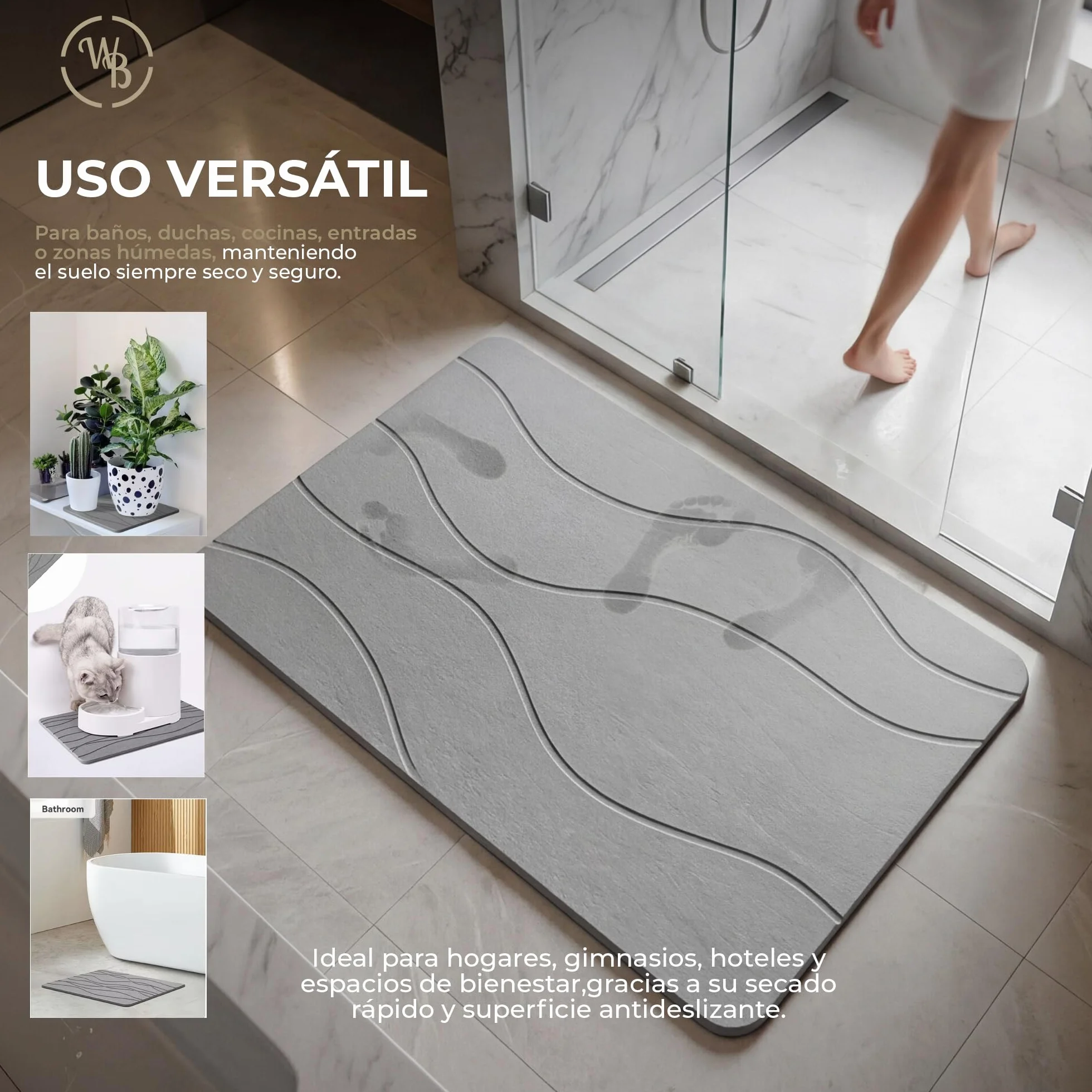 Alfombra Diatomita Baño Fast Dry 60x40 Antideslizante Antibacteriana Gris Stone Bath Mat