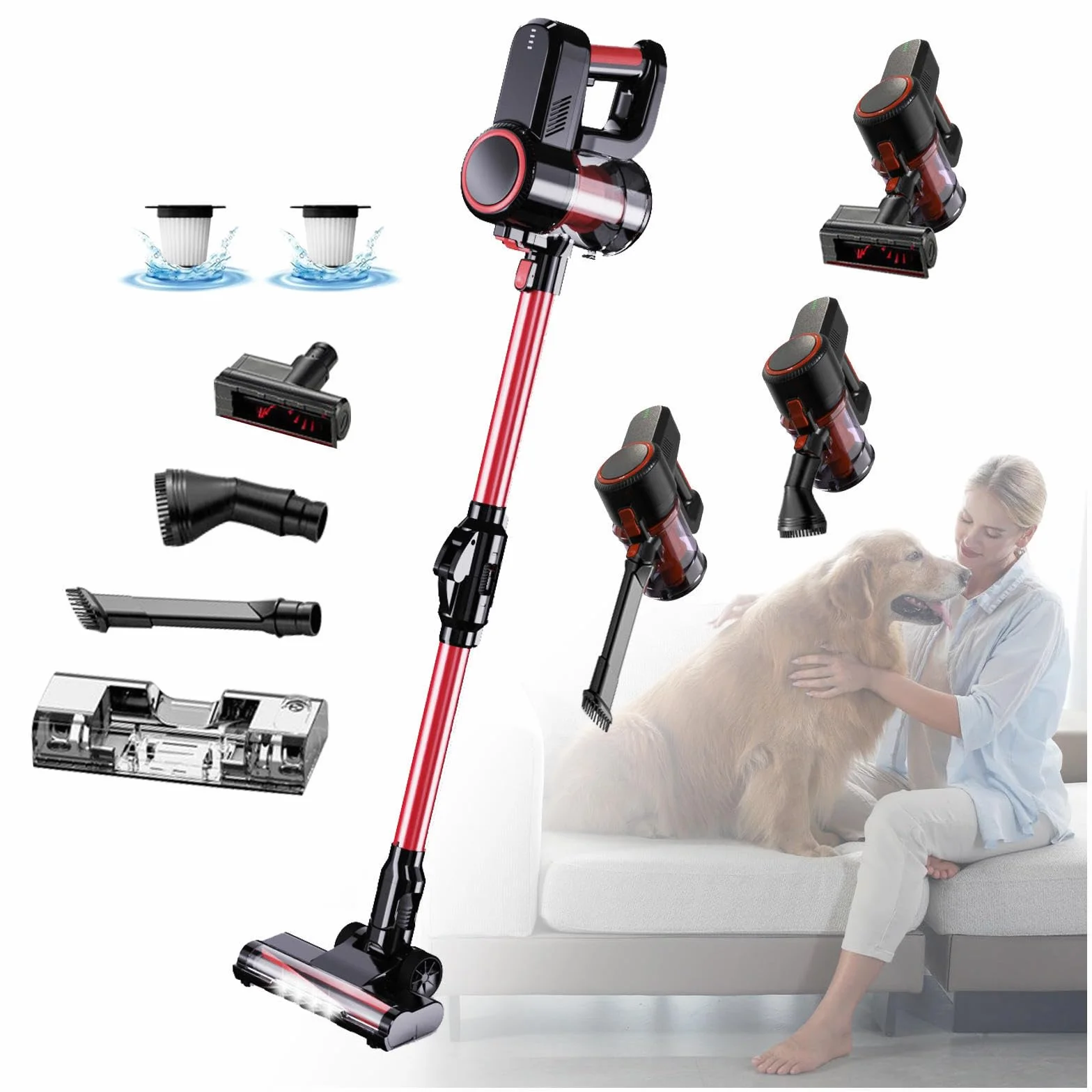 Aspiradora Fregona Sin Cable 5 in 1 Menor Ruido,Luces LED,Depósito 200 Ml, Escoba Electrica Sin Cable Aspirador Escoba para Mascotas/Alfombras/Coche/Suelos Duros/Cama