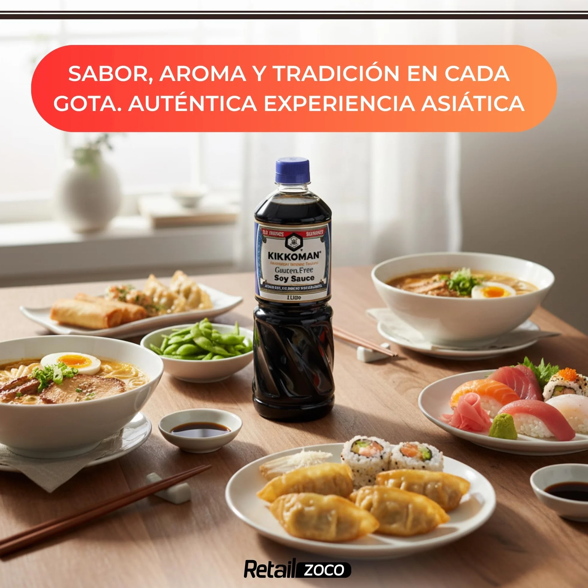Salsa de Soja sin Gluten Japonesa 100% Natural 1000 ml para Sushi, Verduras, Sopas