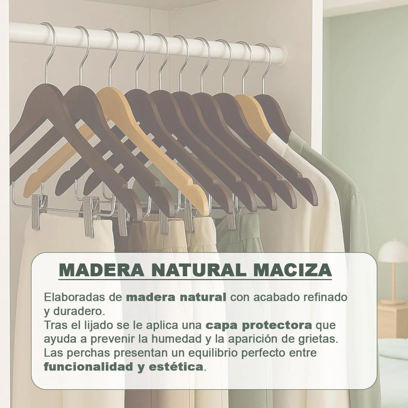 MERCURY TEXTIL - Perchas Ropa de Madera con Pinzas y Muescas Antideslizantes, Pinzas con PVC para No Dañar la Ropa, Gancho Giratorio 360°, Perchas Madera Maciza sin Astillas.(Madera, 10 Unidades)