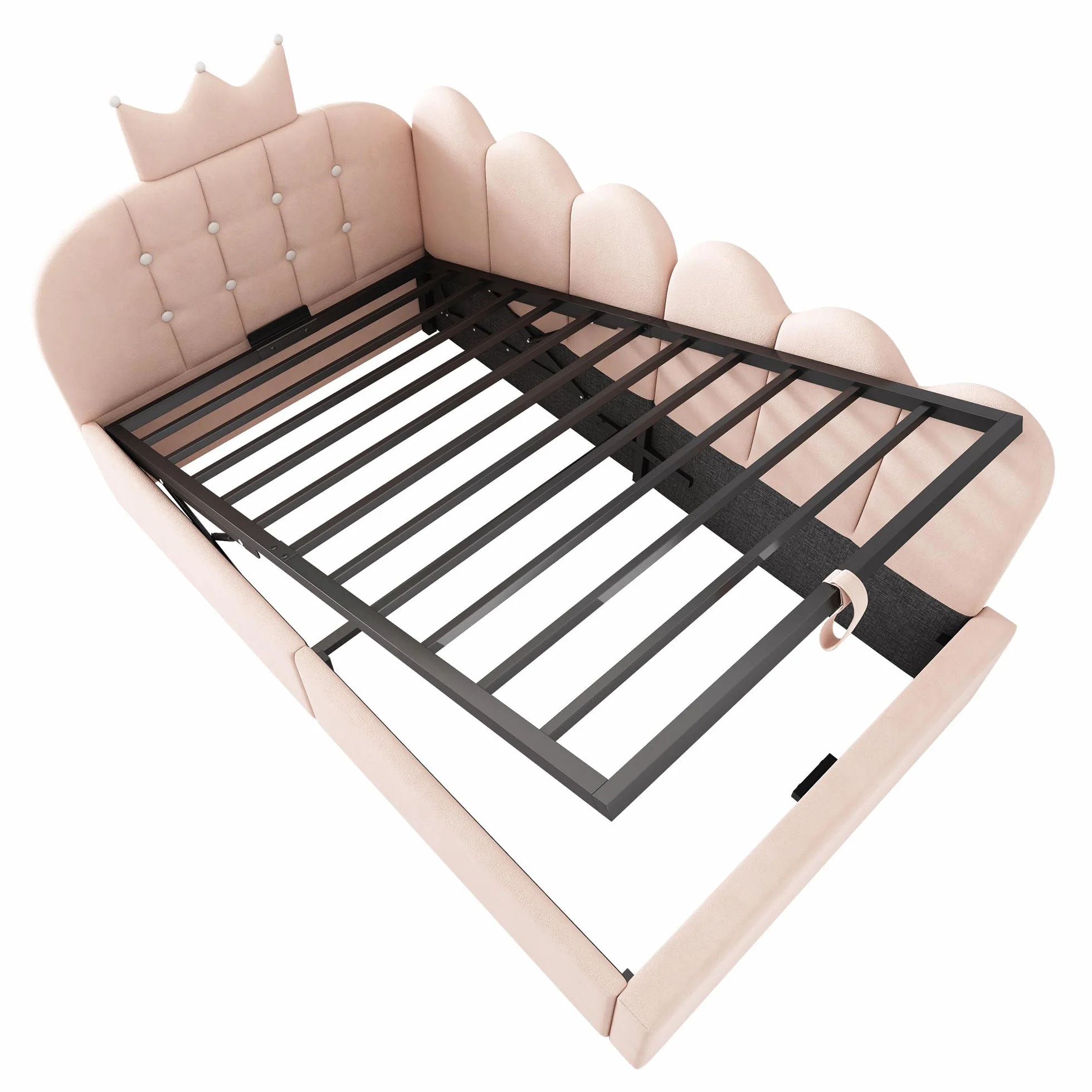 Mrwoo Cama día 90x190 cm con Almacenamiento Hidráulico, Sofá Cama con Diseño de Corona y Rejilla, Cama Infantil, Terciopelo, Rosa(Sin Colchón)
