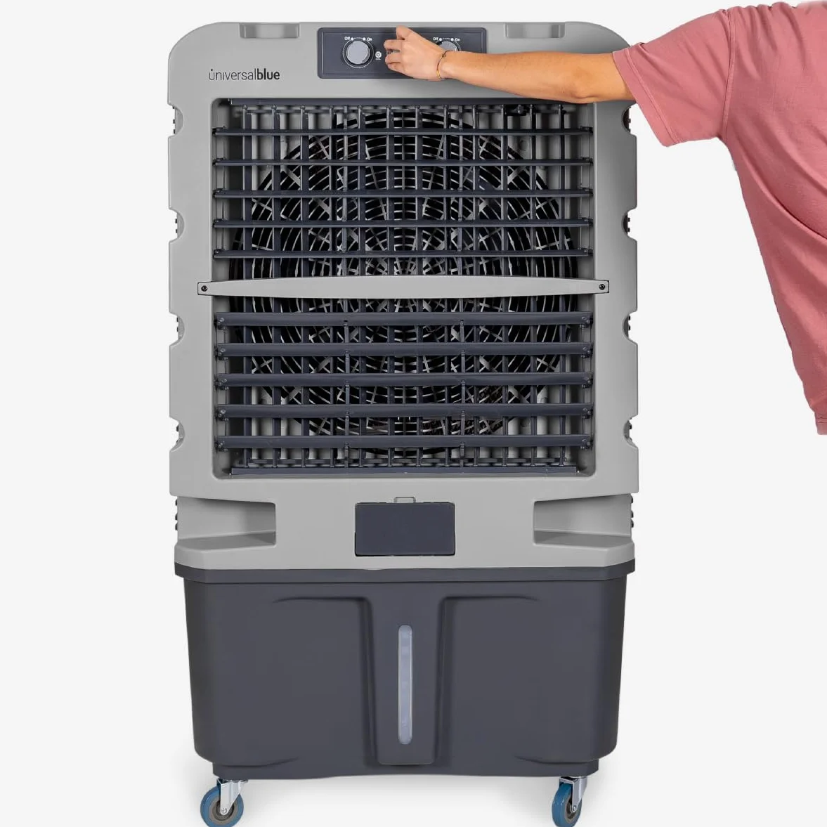 UNIVERSALBLUE Climatizador Evaporativo 120L, Caudal 10.000 m³/h, Cobertura 80 m², 350W, 3 Packs de Hielo, con Ruedas, Interiores y Exteriores, Almacenes