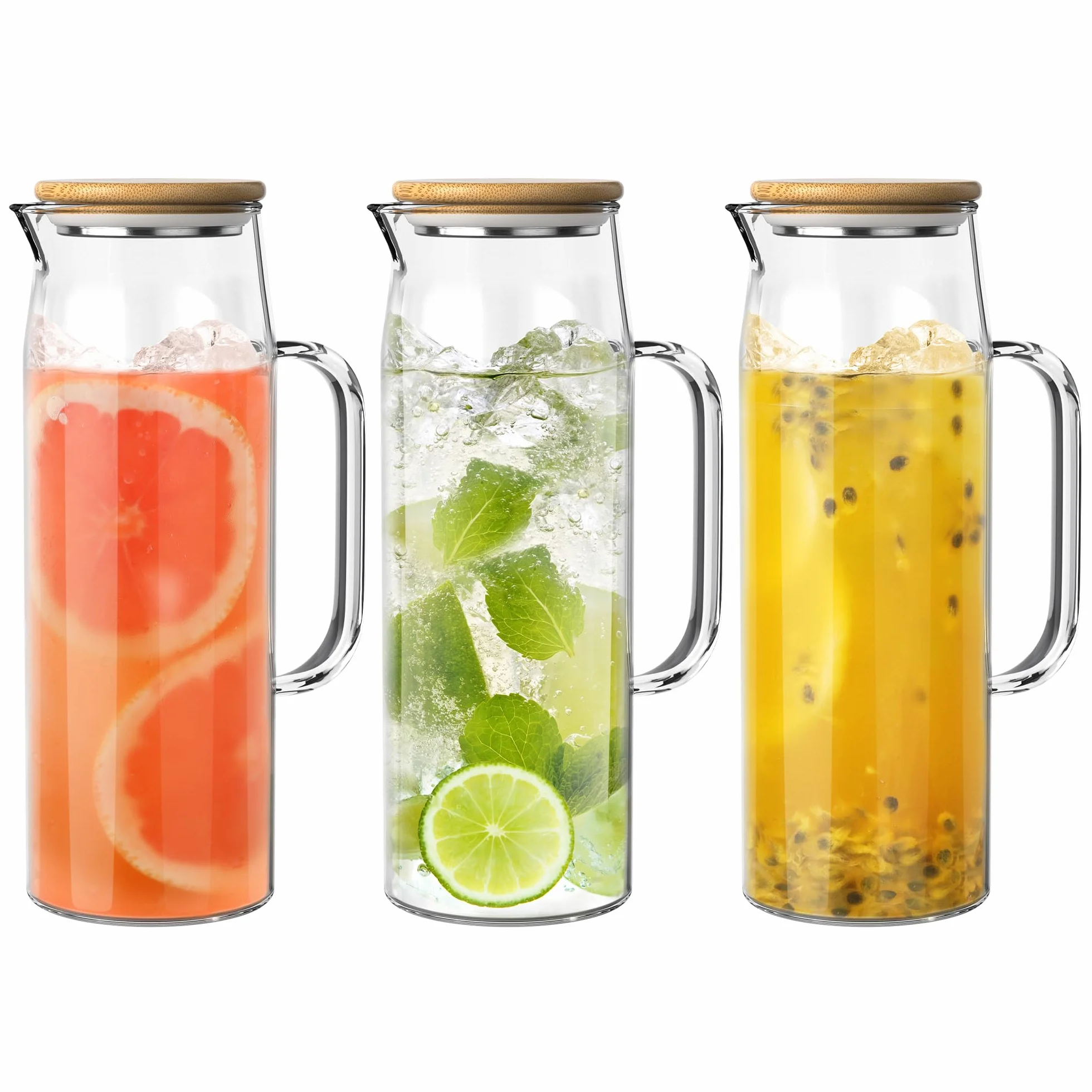 3 juegos de jarra de vidrio con tapa, jarra de agua de 50 onzas / 1500 ml con asas para bebidas frías y calientes (tapa de bambú)