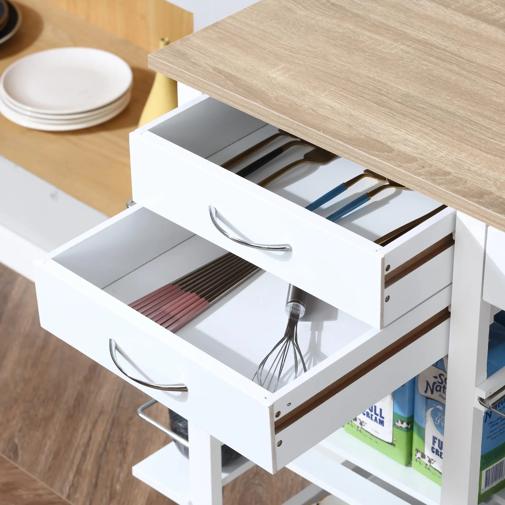 HOMCOM Carrito de Cocina Carro de Almacenamiento con Cajones Cestas Estantes para Especias Toallero Ruedas 92x37x82 cm Blanco