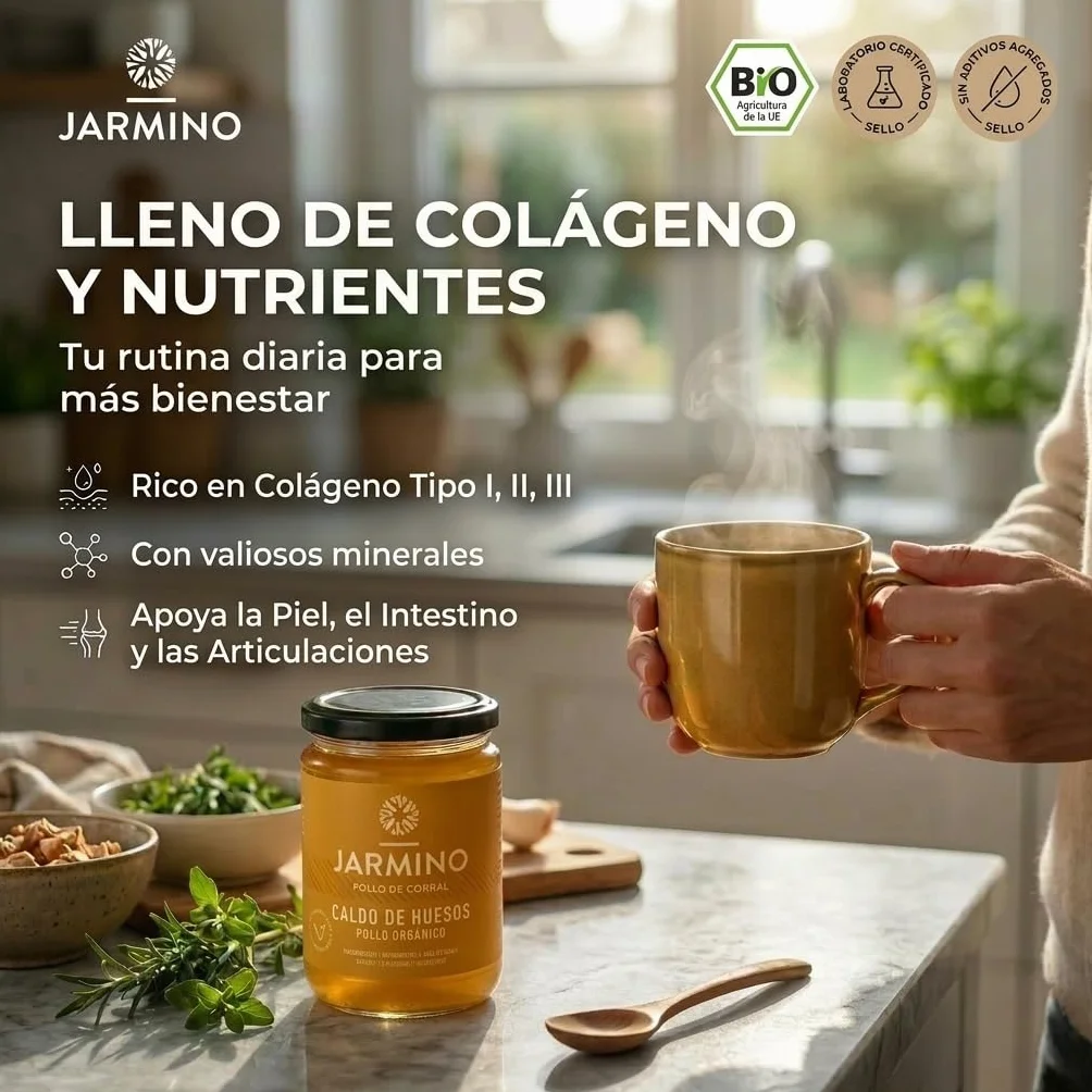 JARMINO Caldo de huesos orgánico 6x 350ml colágeno y ácido hialurónico sin gluten