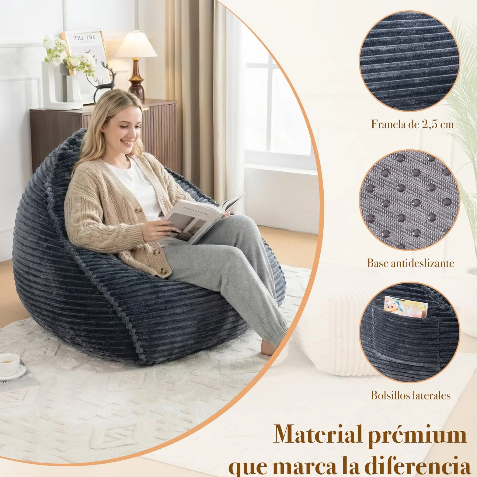 Vamcheer Puf para Adultos con Taburete, Mullido, Tejido De Franela Ultrasuave, Silla con Relleno De Esponja, XXL, Color Gris, Estable