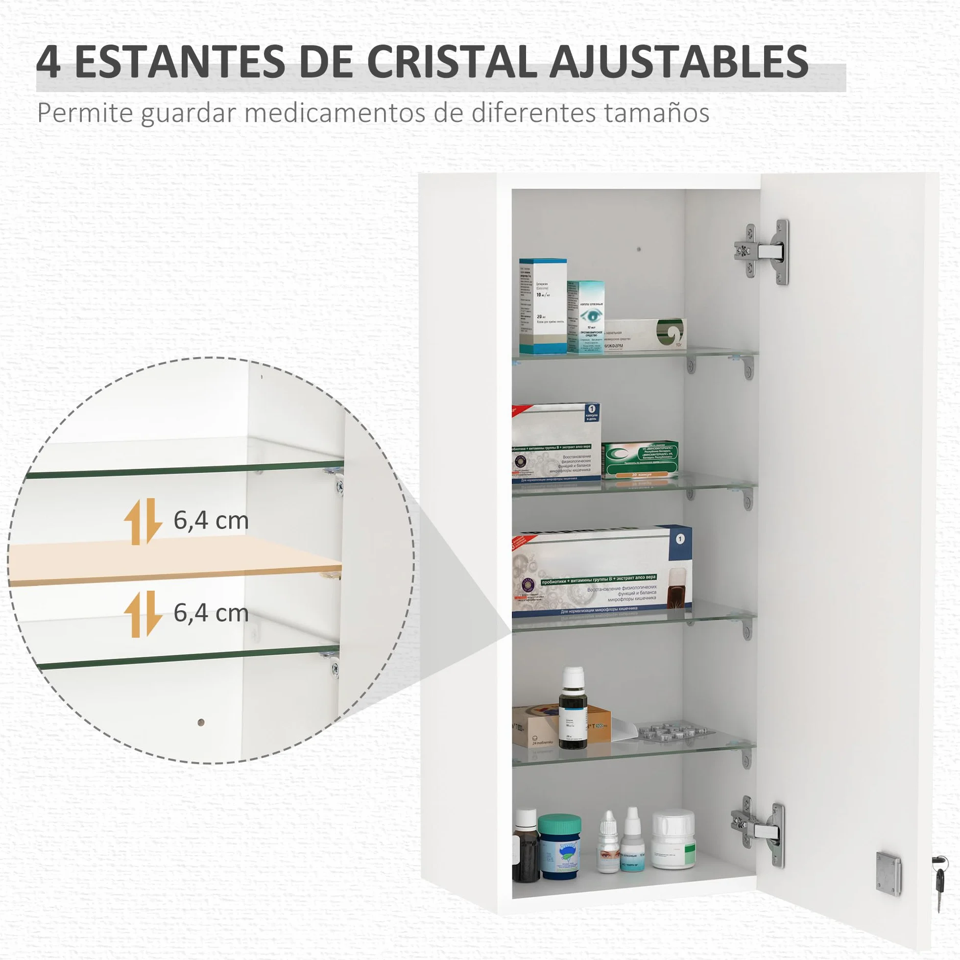 Kleankin Botiquín de Pared Primeros Auxilios 5 Niveles Estantes Ajustables Vidrio Cerradura 30x20x70 cm Blanco