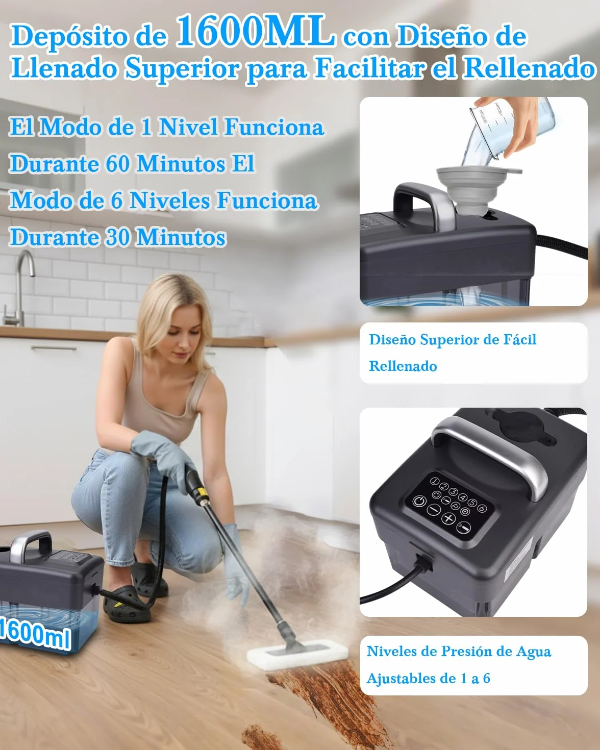 Upgrade Vaporeta 2500W 6 Niveles Ajustables 1,6L 120°C 15s 10 Accesorios Gris