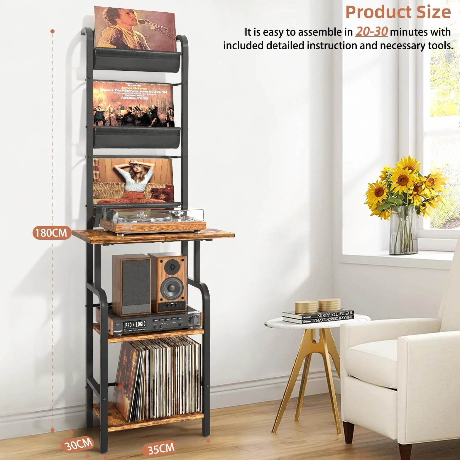 Bikoney Mueble Tocadiscos Alto con Almacenamiento para Vinilos – Estante para Tocadiscos con Soporte de Pared, Organizador para Hasta 200 Discos de Vinilo