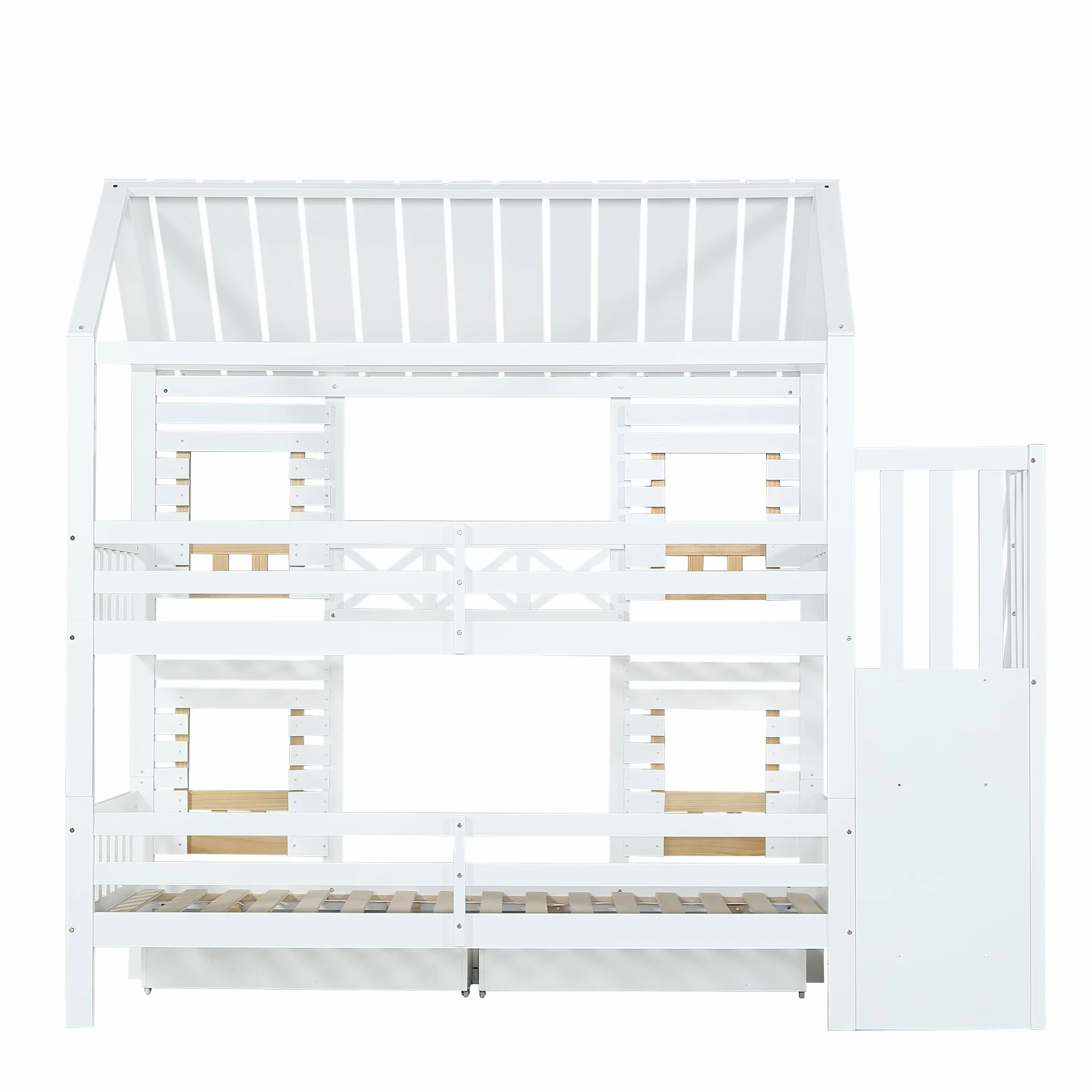 Litera de 90 x 200 cm, cama alta con ventana, con rejilla anticaídas, 2 cajones con ruedas, escalera con 4 estantes (blanco y natural, 90 x 200 cm)