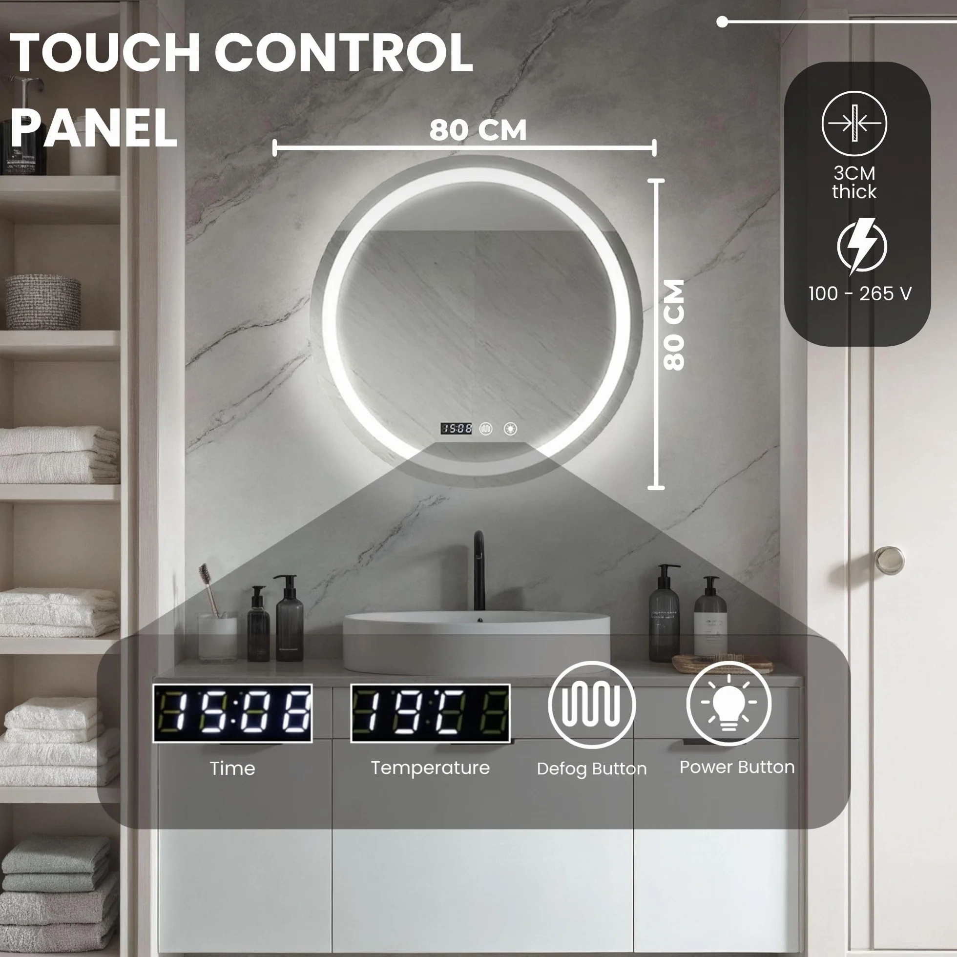 MAGIC SELECT Espejo de Baño con Luz. Espejo Redondo de Pared con Enchufe, 3 Tonos de Color, Ajuste de Brillo y Antivaho, con Indicador de Hora y Temperatura. Ideal para Baño o Tocador (80cm)