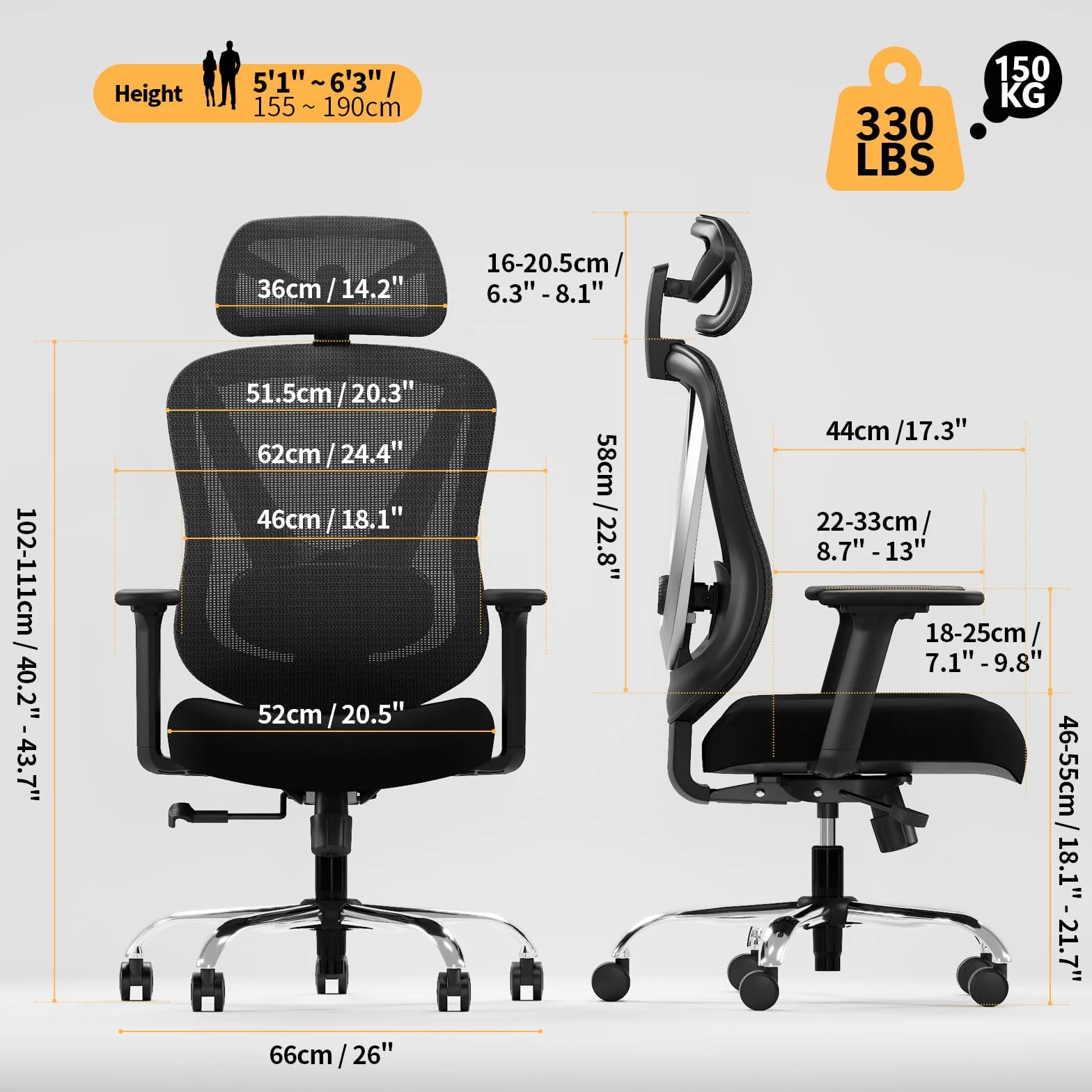 Silla de Oficina Ergonómica HOLLUDLE con Soporte Lumbar 3D y Reposabrazos Ajustables, Negra