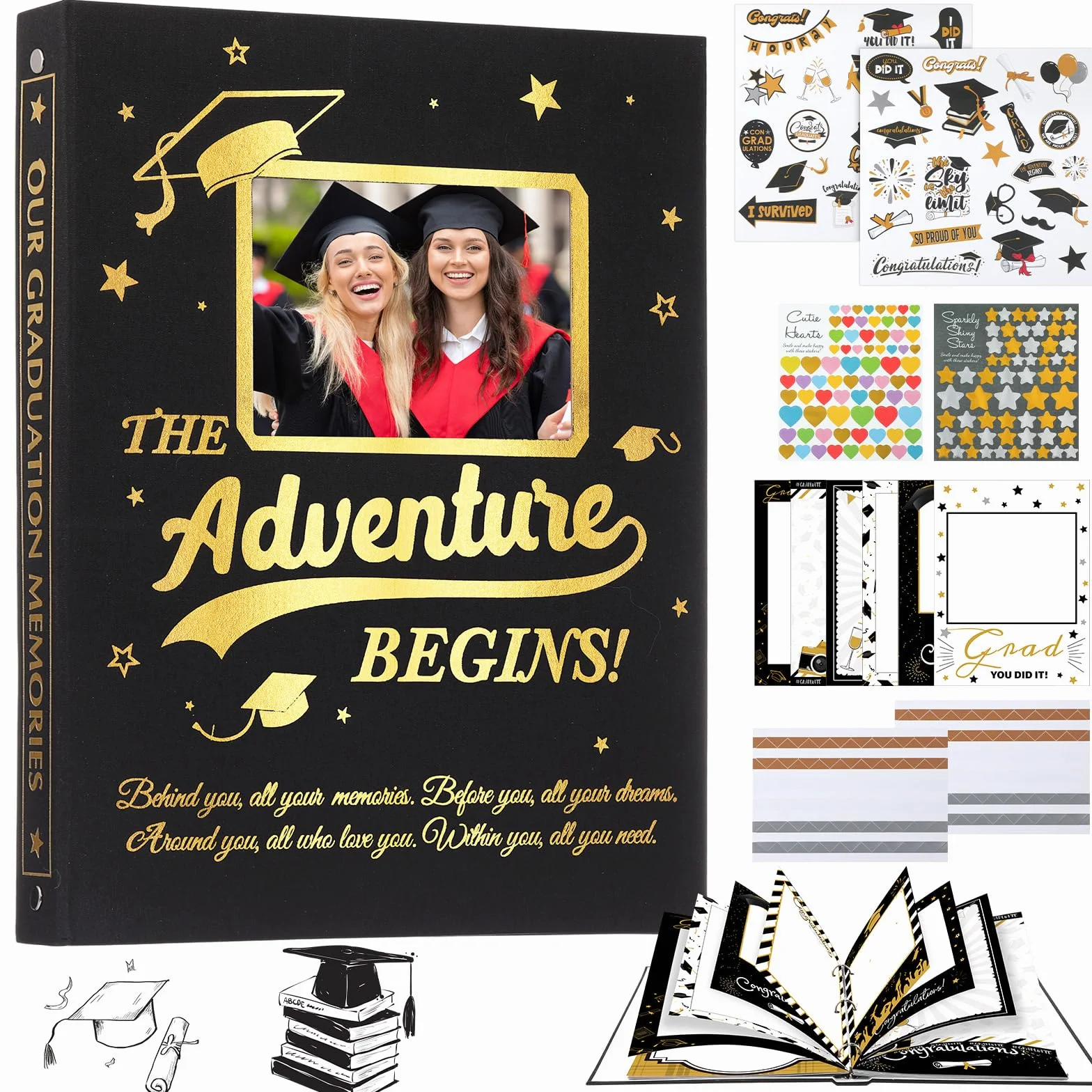 Pasimy Kit de álbumes de recortes de graduación, álbum de fotos A4, 60 páginas, extraíble, álbum de fotos de graduación con calcomanías para fotos de 4 x 6, 5 x 7, 8 x 10 pulgadas, para regalos de