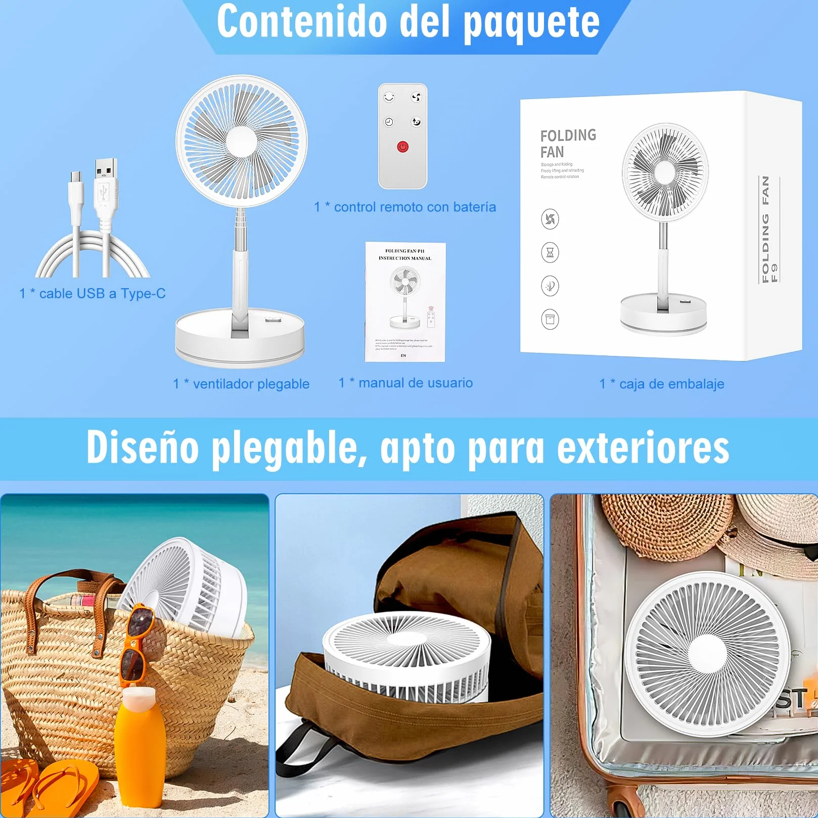 Ventilador de Pie Portátil Plegable Oscilante 8000mAh Batería Recargable USB C con Control Remoto Silencioso para Hogar