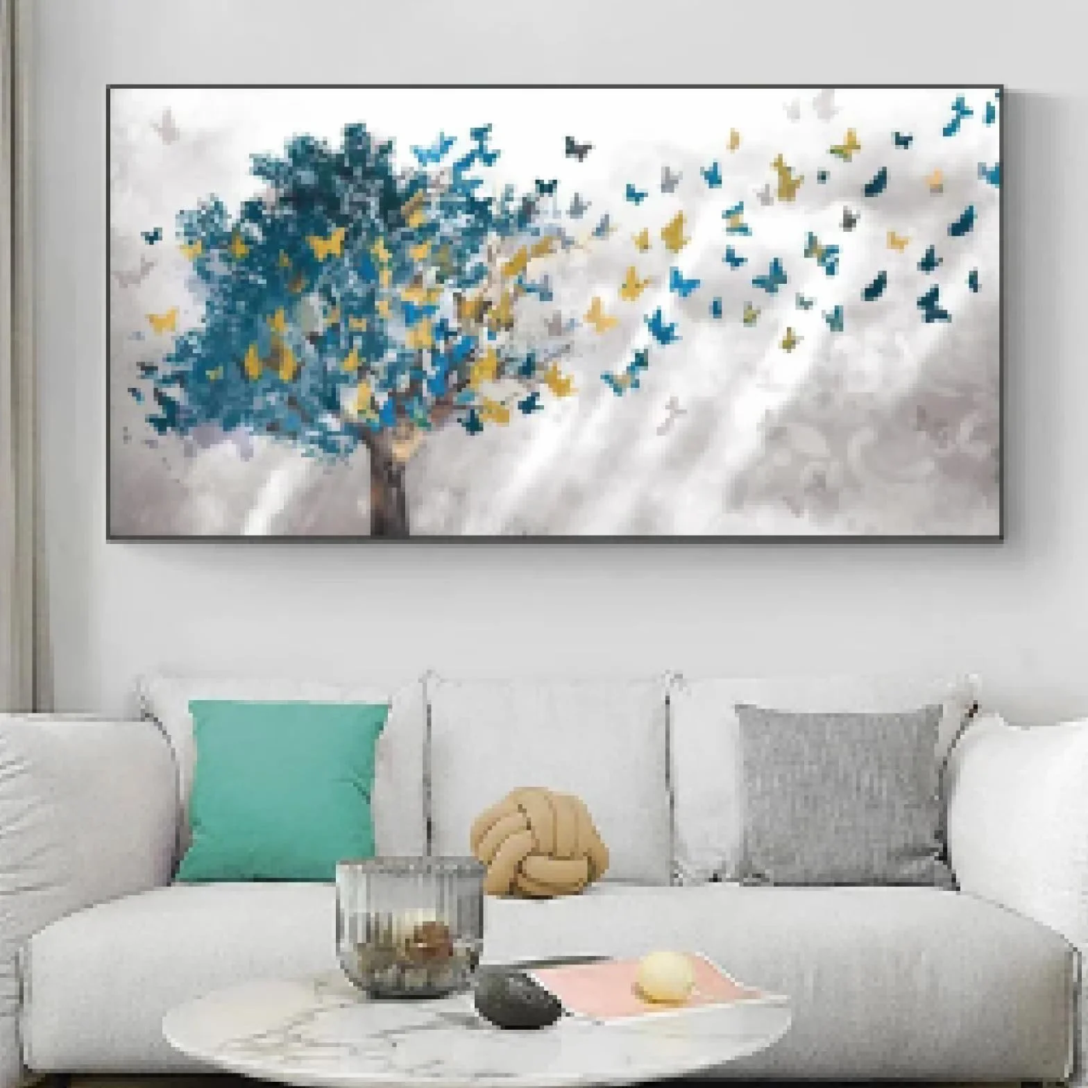 Moderno nórdico azul árbol mariposa lienzo pintura pared arte carteles impresiones cuadros de pared para sala de estar decoración de la pared del hogar 25.6 x 51.2 in (26 x 51 pulgadas) marco interno