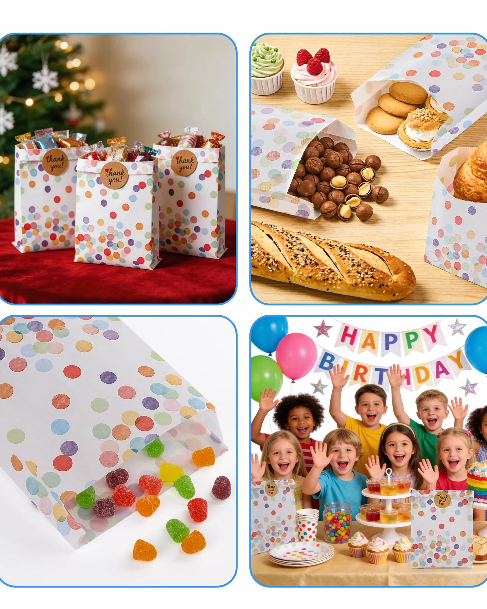 Acual Bolsas Chuches Cumpleaños 50 Pcs con 60 Pegatinas, Bolsitas Regalo Papel con Lunares, Resistente al Aceite para Candy Bar, Bodas, Picnics, Camping, Fiestas y Navidad (19x13x3cm)