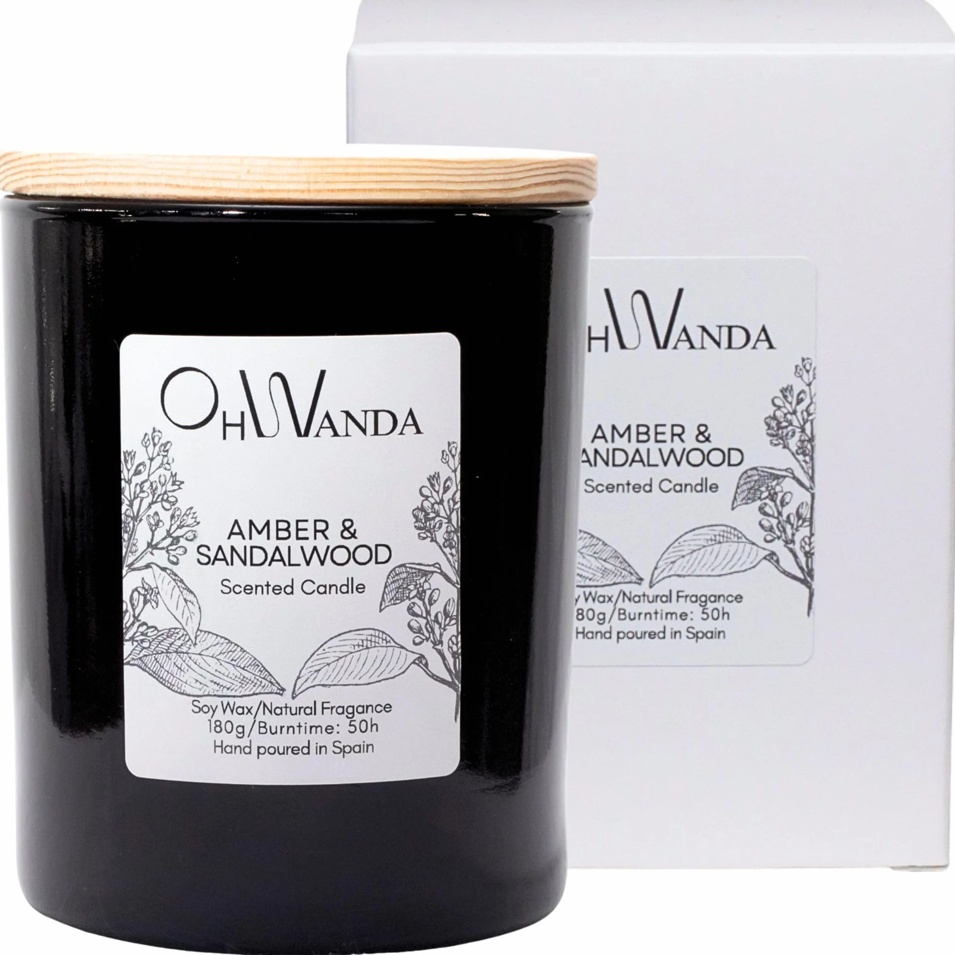 Velas Aromáticas Perfumada Ámbar Sándalo, Fragancia Larga Duración 50h, Cera Soja Natural 180g para tu Hogar sin Tóxicos, Aromaterapia Relajante, Regalo hombre, Hecha en España