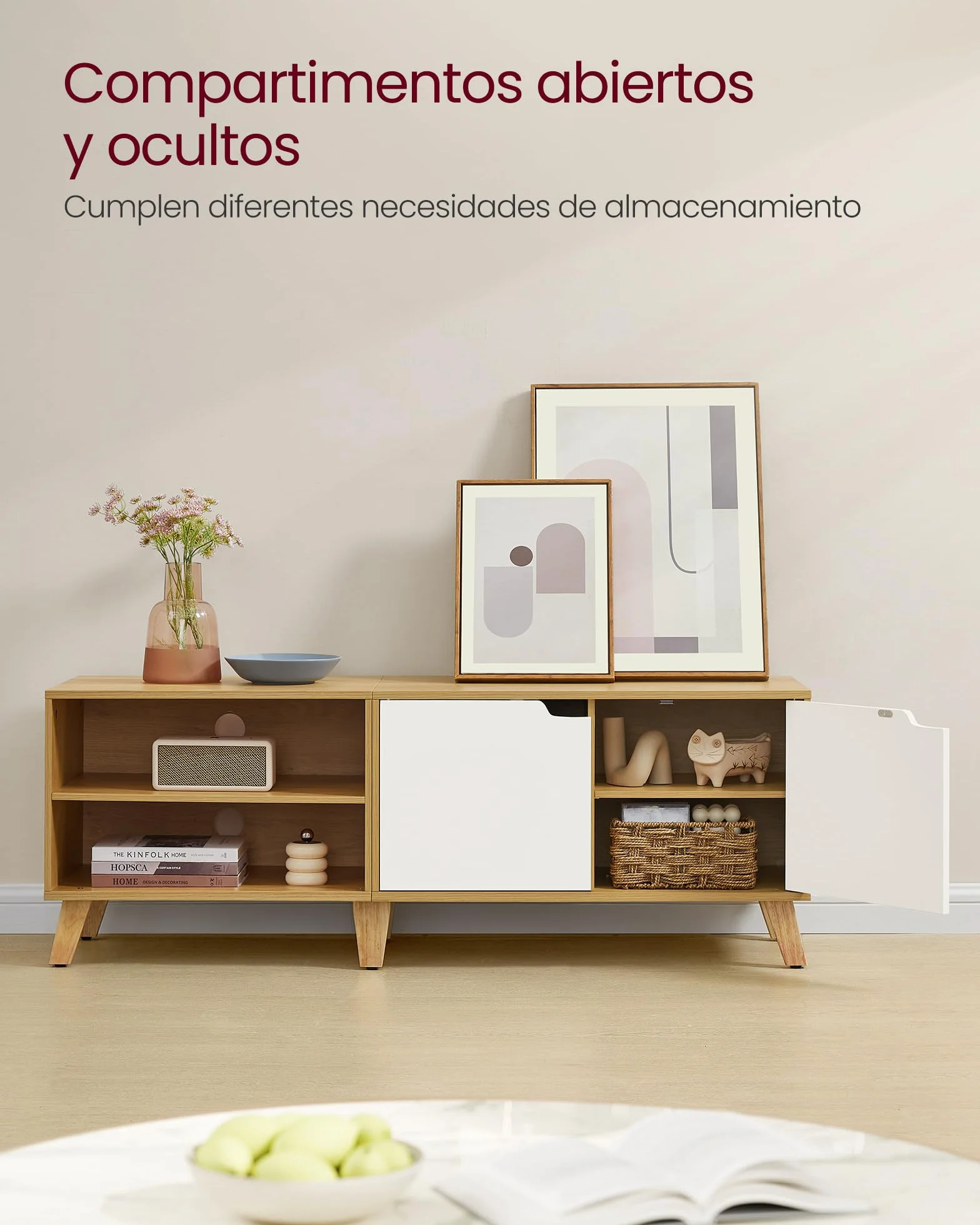 VASAGLE Mueble de TV de 2 Puertas, Soporte con Estantes Ajustables, 140 cm, para TV de 60 Pulgadas, Roble Natural y Blanco Crema LTV027N01
