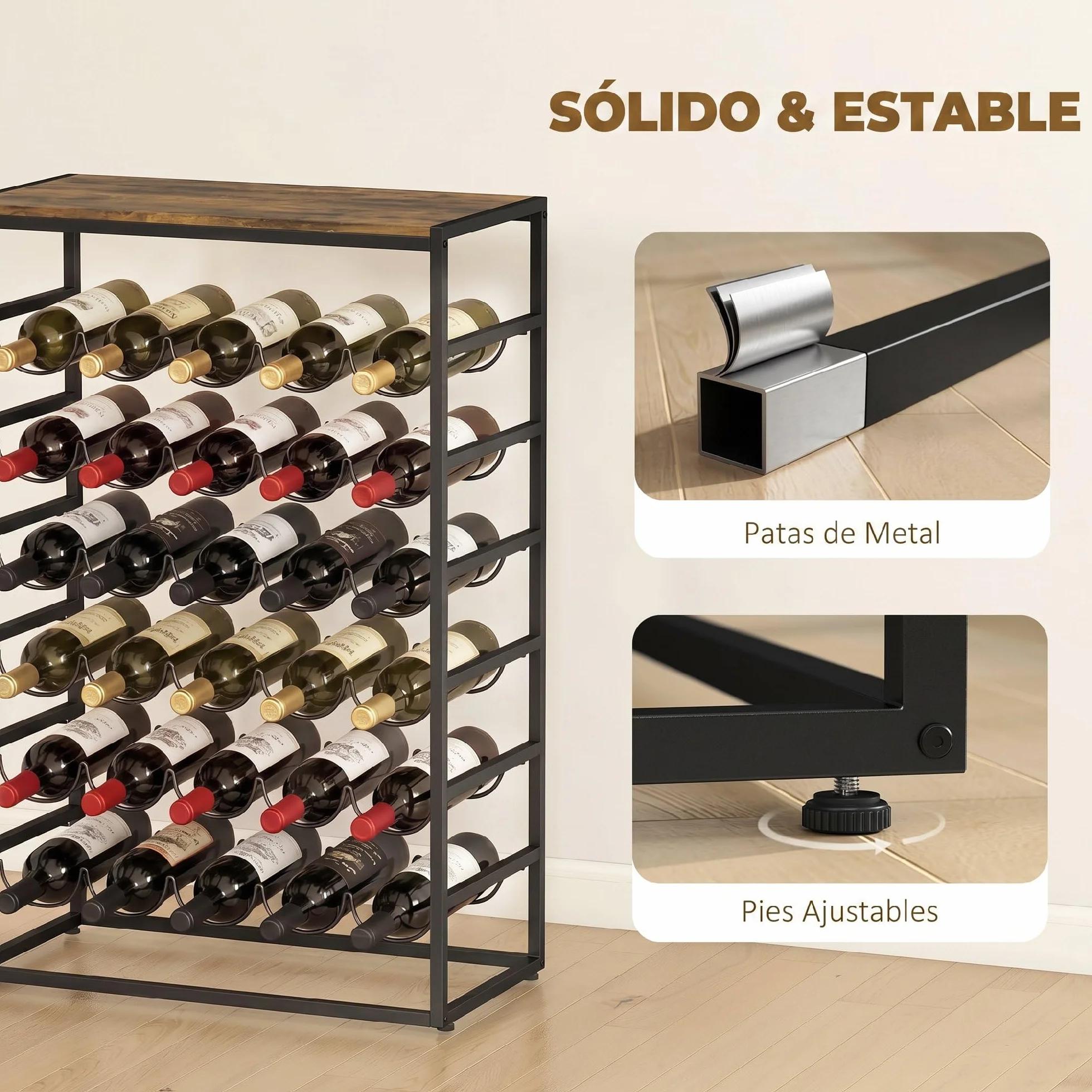 HOMCOM Botellero para 30 Botellas, Botellero para Vino de 6 Niveles con Encimera de Efecto Madera, Estilo Industrial, para Cocina, Comedor, Bar, 59x30x88,5 cm, Marrón Rústico