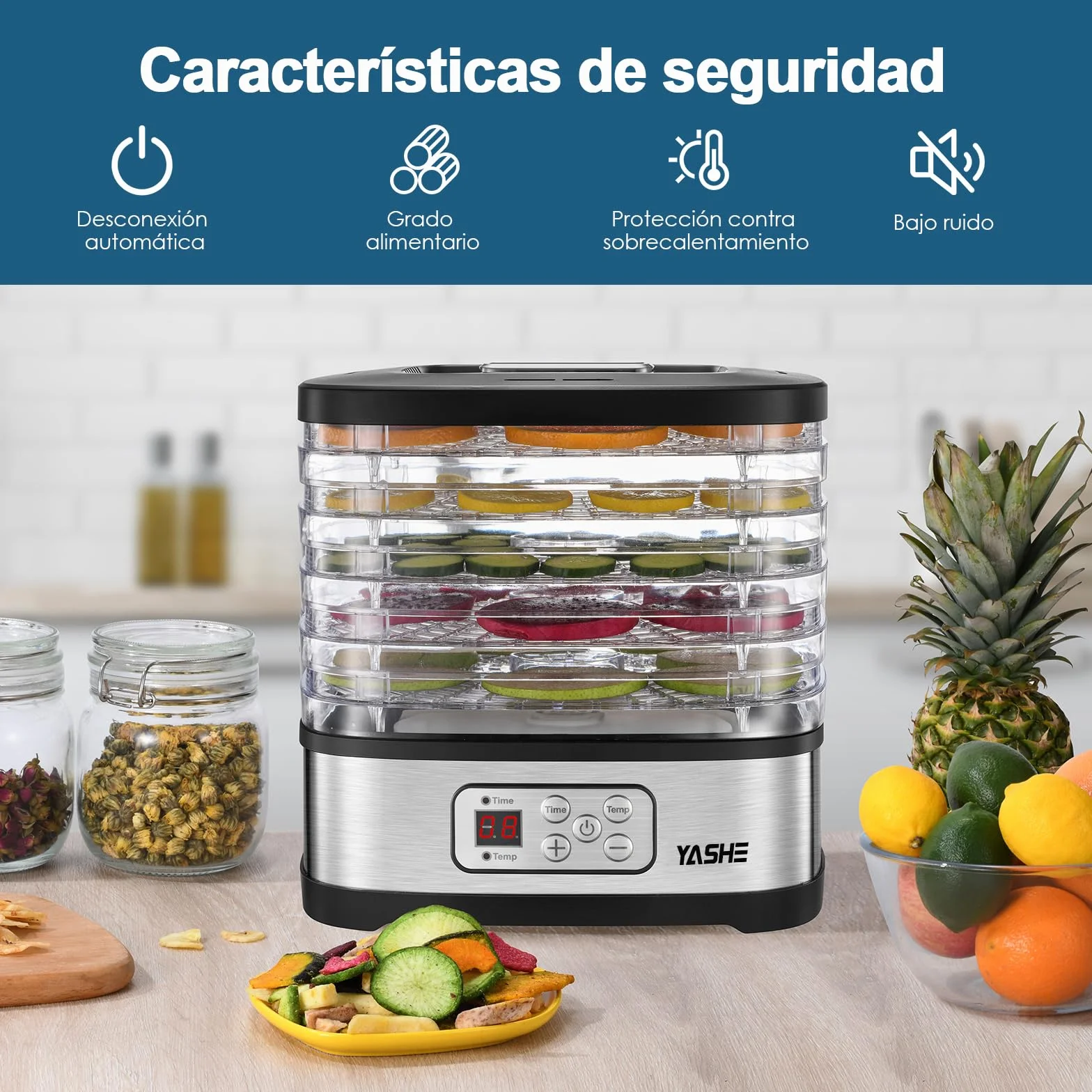 YASHE GGJ-261B Deshidratador de Alimentos, 240W, 5 Bandejas Ajustables, Control de Temperatura 35-70°C, Temporizador 72h, Sin BPA