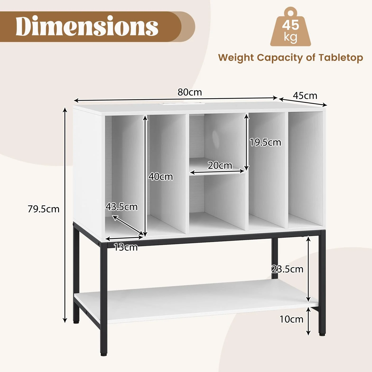 GIANTEX Soporte para Tocadiscos con 6 Compartimentos y Estante Abierto, Armario para Discos de Vinilo, 80 x 45 x 79,5 cm, Blanco