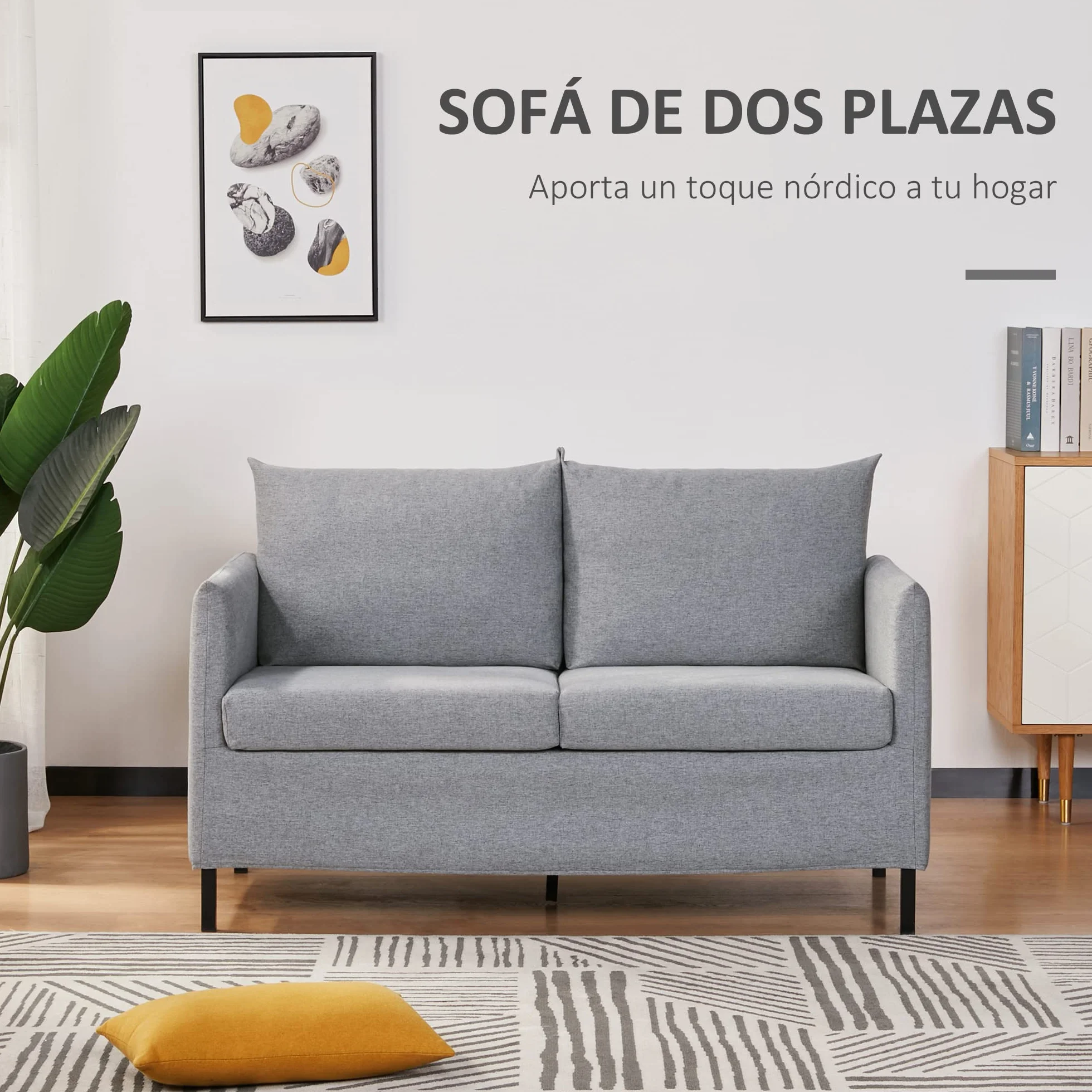 HOMCOM Sofá de 2 Plazas Tapizado en Lino Sintético Sillón Biplaza de Salón con Cojines Acolchados Desenfundables Reposabrazos y Patas de Acero 130x67x76,5 cm Gris