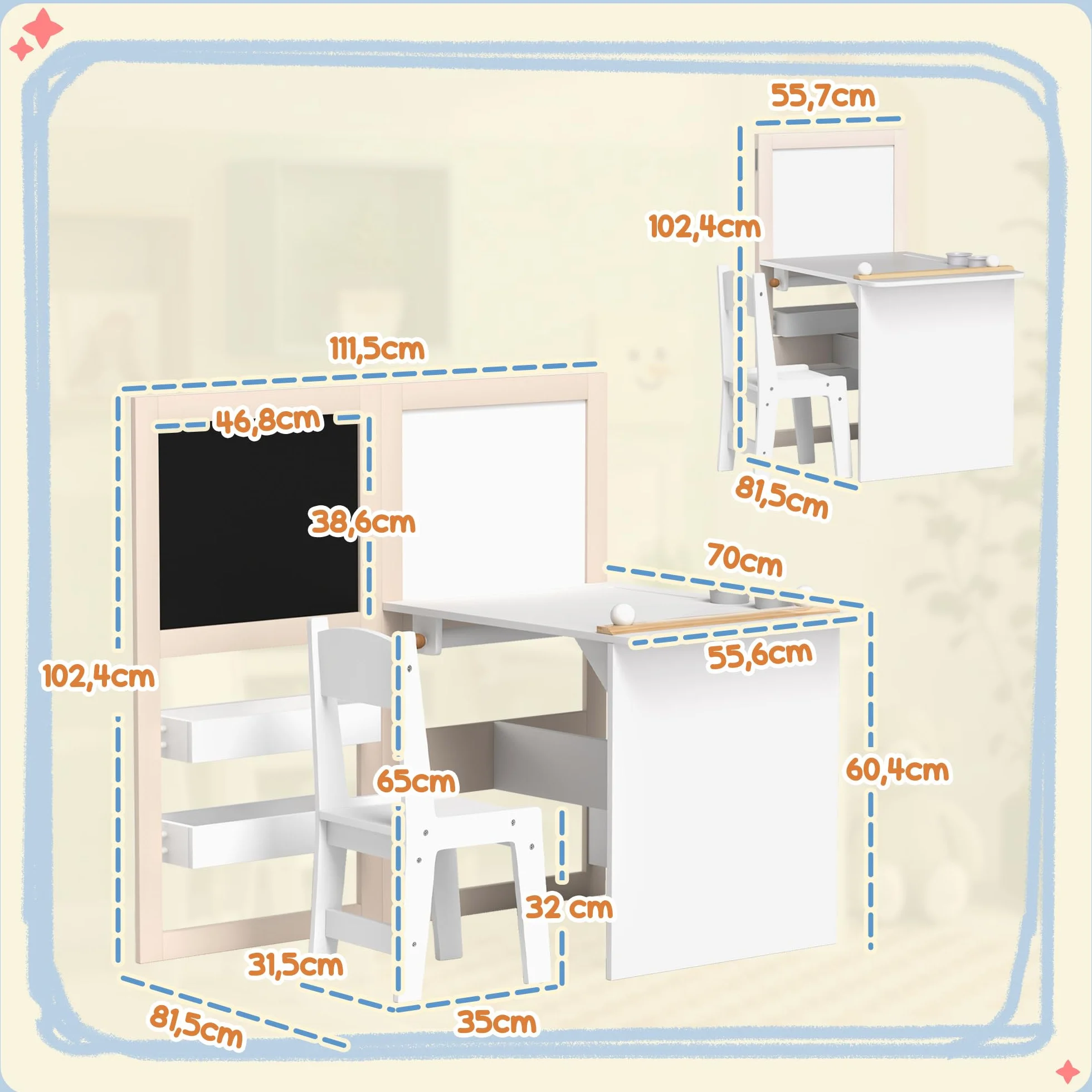 AIYAPLAY Mesa y Silla Infantil de 2 Piezas Plegable para Niños +3 Años con Estantes y Rollo de Papel Blanco
