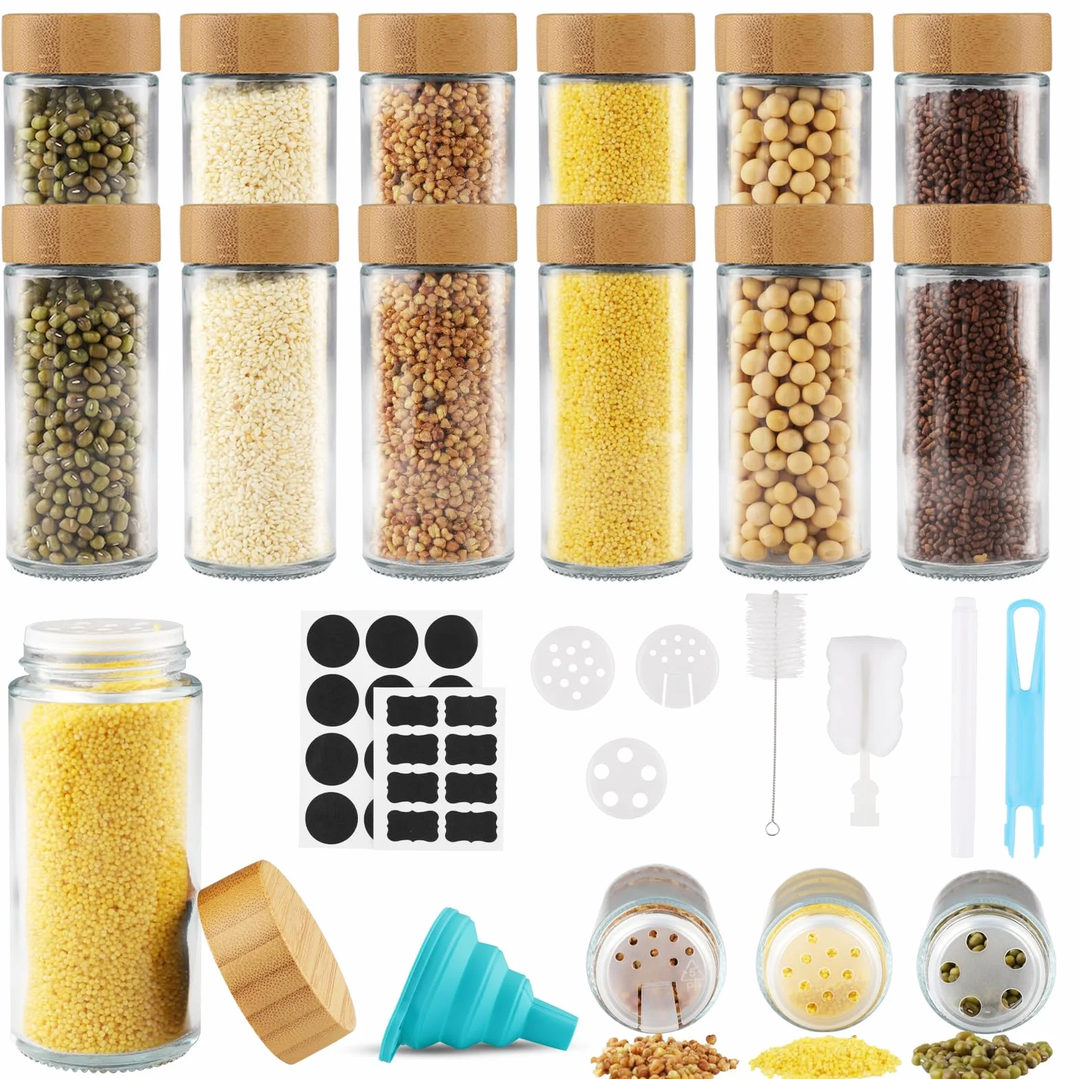 Botes Especias Cristal, 12pcs Tarros Especias 120ml con Tapa Incluye Embudo Tamiz Cepillo Etiquetas Bolígrafo