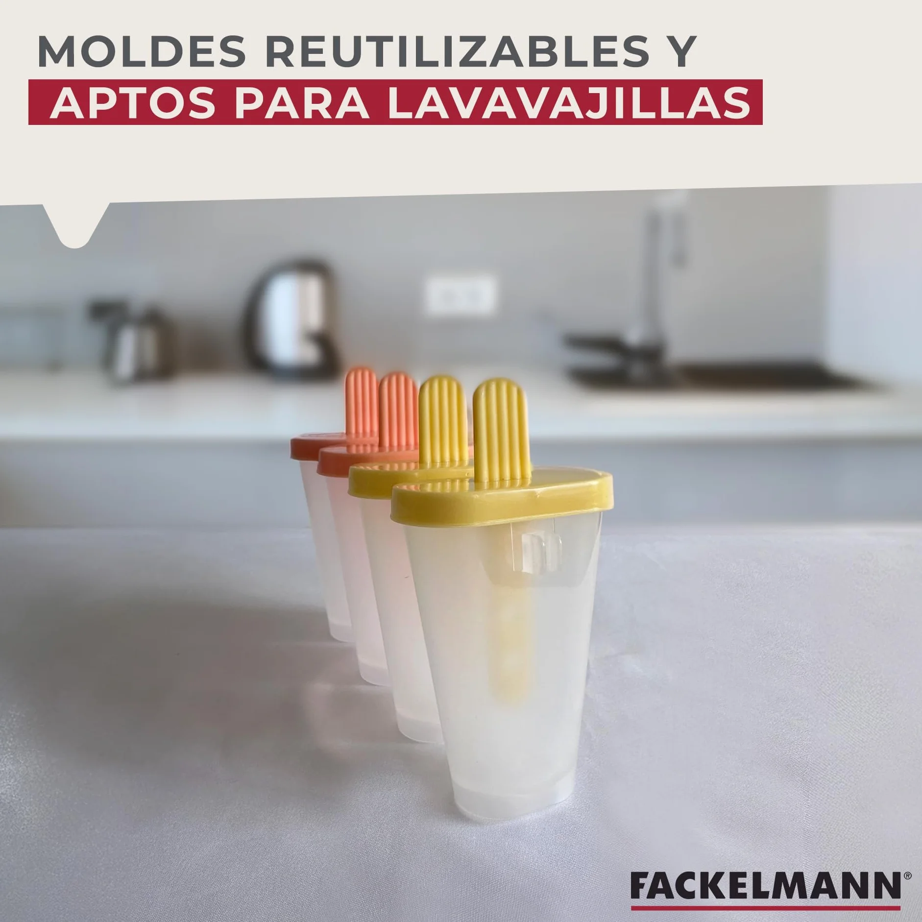 Fackelmann Poleros Moldes para Helados, Polipropileno de Grado Alimenticio, 4 uds, 15x6x11 cm, Amarillo y Naranja Pastel