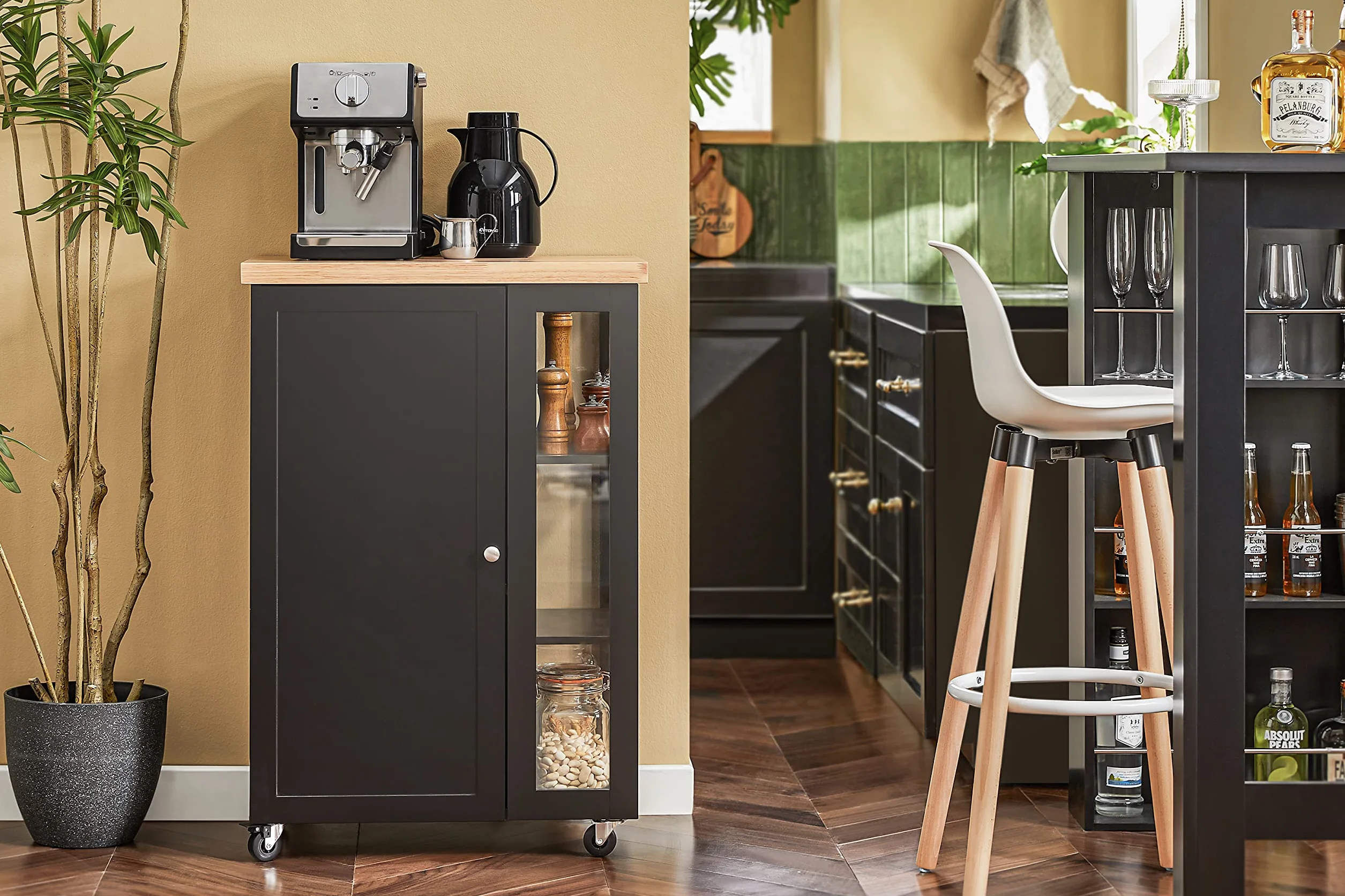 SoBuy Carrito Auxiliar con Ruedas y Estante Lateral 60 × 40 × 90 cm Cocina | Mueble auxiliar de cocina con armario y 2 baldas regulables en 6 posiciones, de MDF (E1) y cristal, para el comedor FKW75-SCH