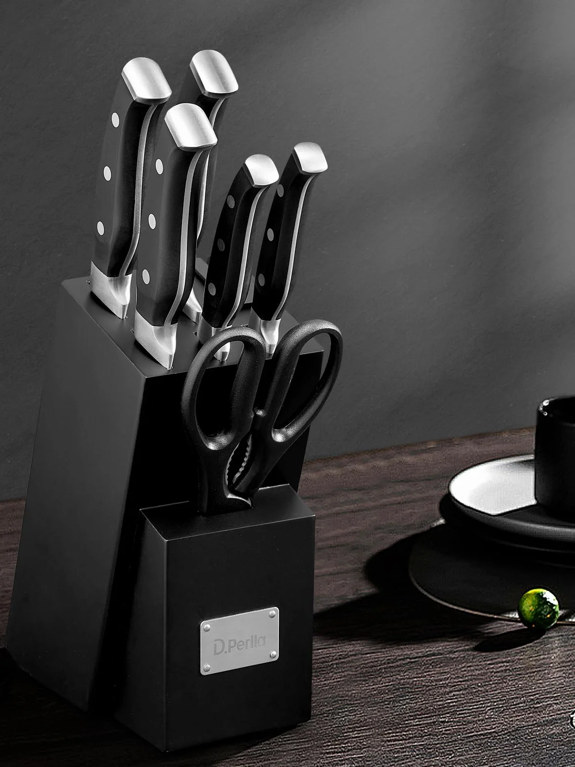 D.Perlla Juego de Cuchillos de Cocina de Acero Inoxidable de 7 Piezas con Afilador Incorporado, Negro